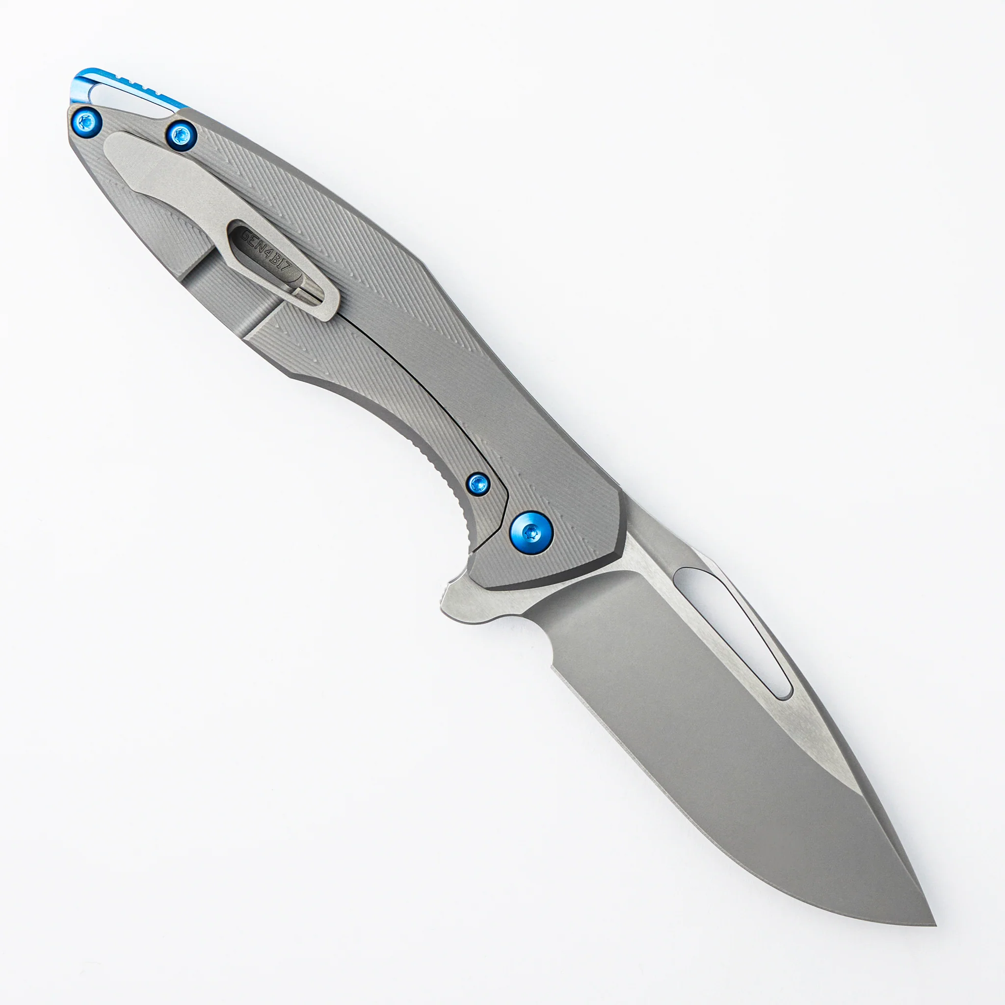 Arius - Patterned Titanium Handle - Blue Hardware - Burnished w/ Polished Flats M390 Blade - Image 2