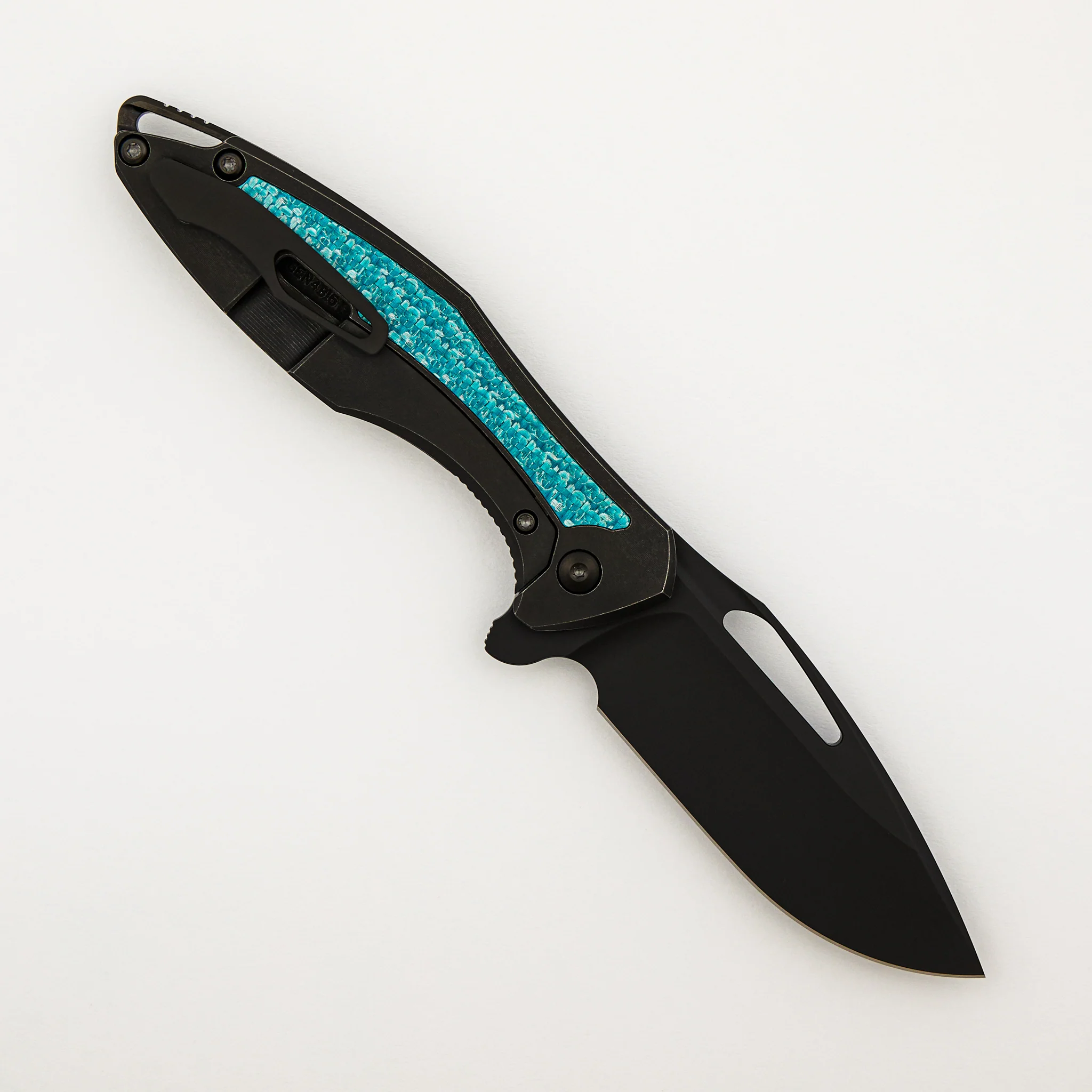 Arius - Smooth Black Titanium Handle - Aqua Teal Twill Inlay - Black Hardware - Matte DLC M390 Blade - Image 2