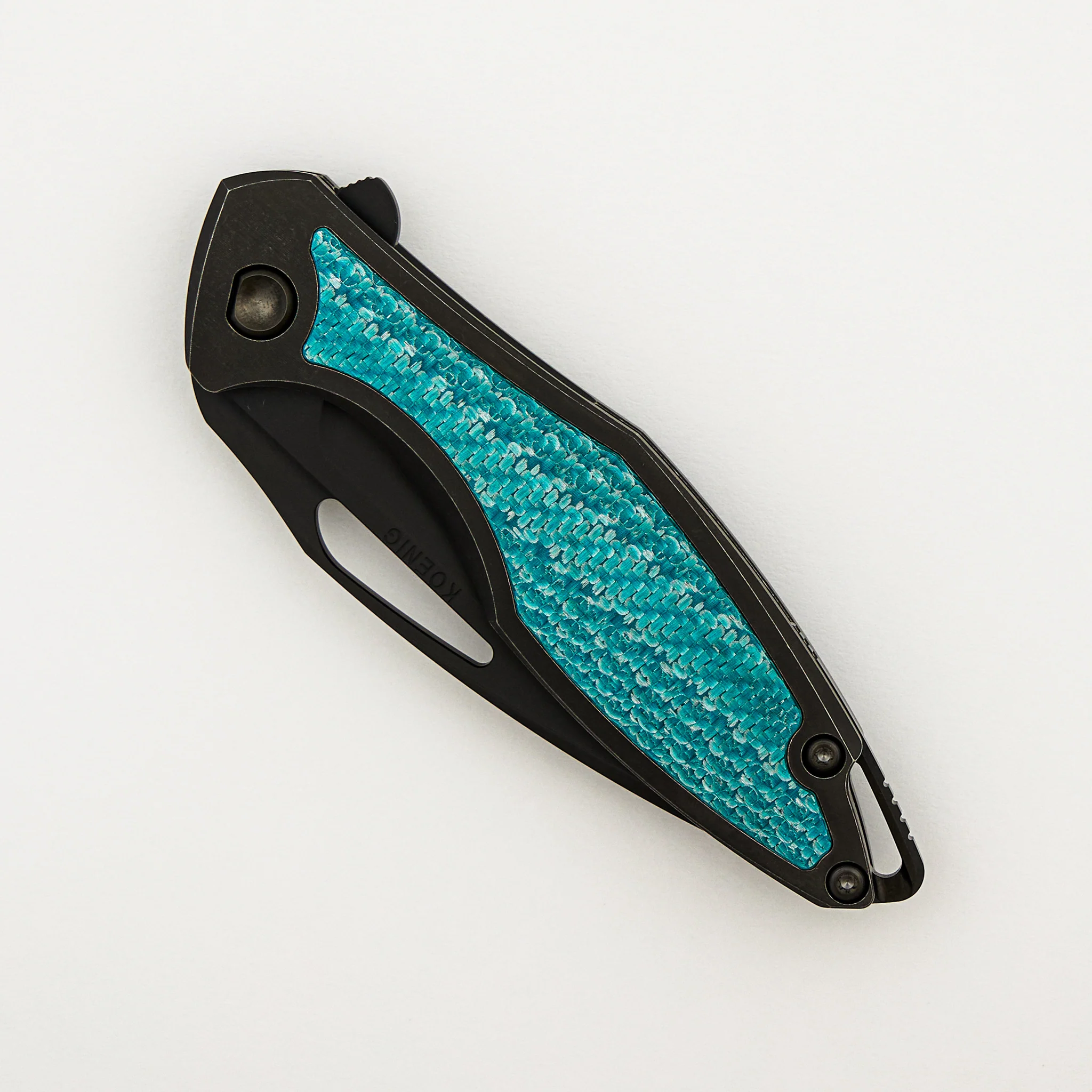 Arius - Smooth Black Titanium Handle - Aqua Teal Twill Inlay - Black Hardware - Matte DLC M390 Blade - Image 3