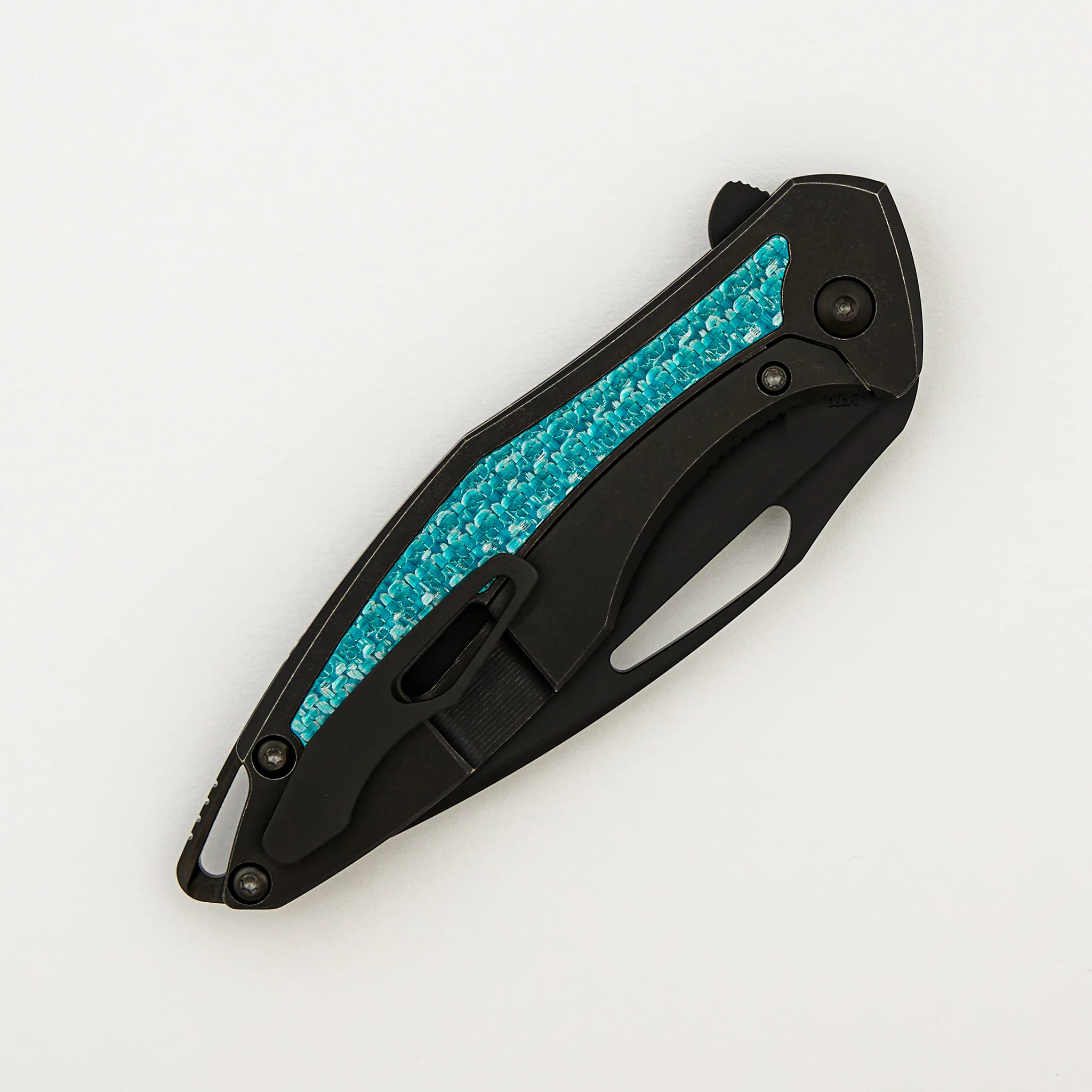 Arius - Smooth Black Titanium Handle - Aqua Teal Twill Inlay - Black Hardware - Matte DLC M390 Blade - Image 4