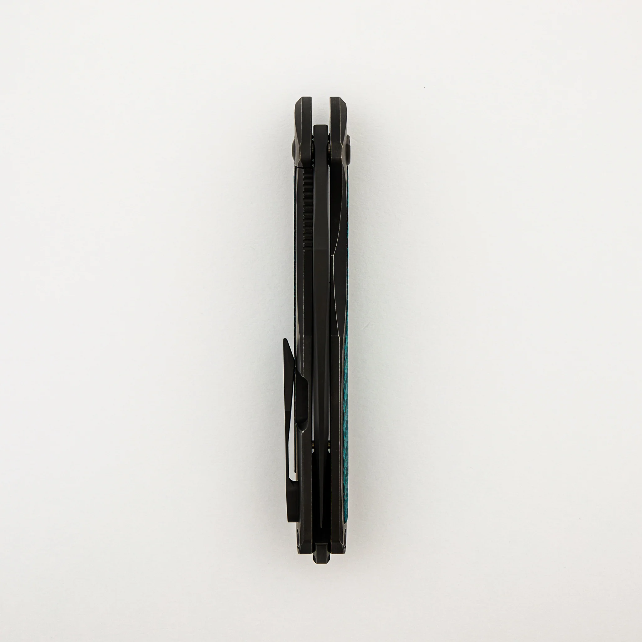 Arius - Smooth Black Titanium Handle - Aqua Teal Twill Inlay - Black Hardware - Matte DLC M390 Blade - Image 5