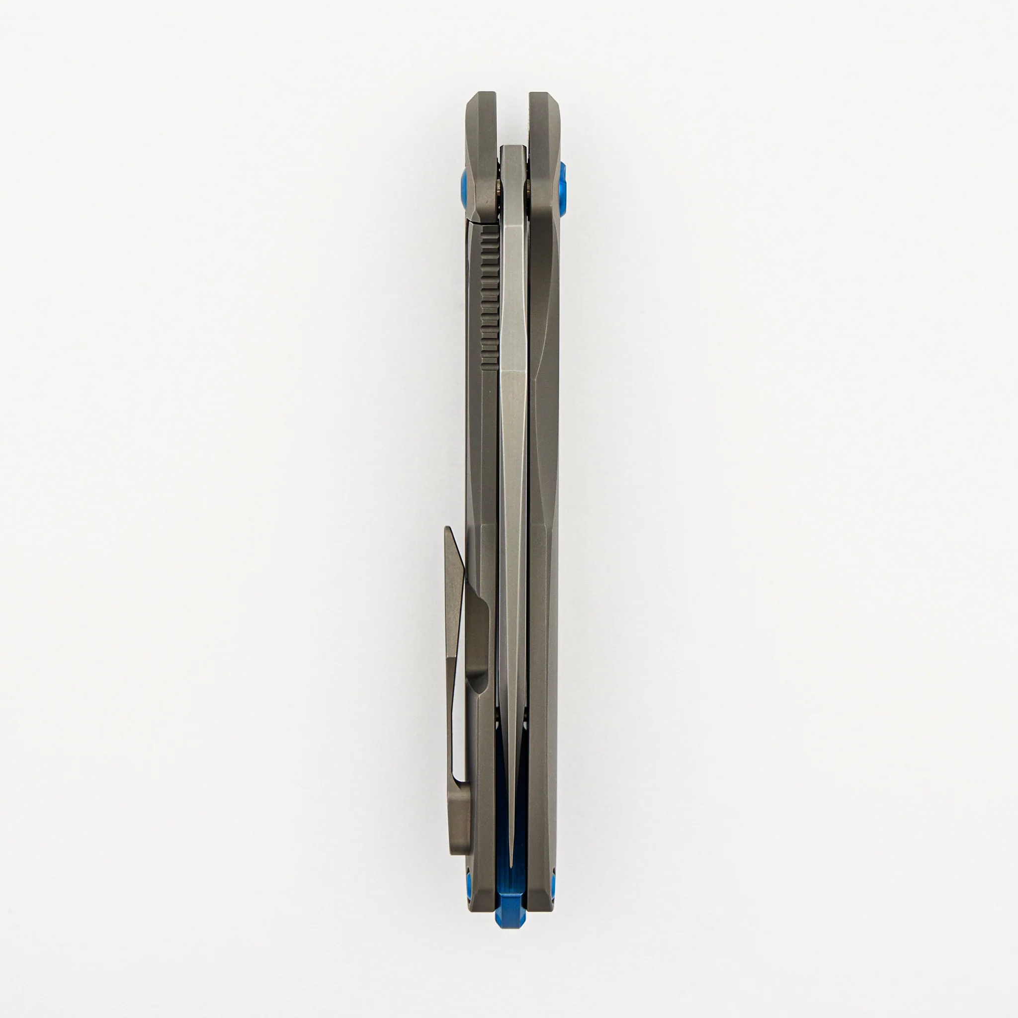 Arius - Smooth Titanium Handle - Blue Hardware - Burnished W/ Polished Flats M390 Blade - Image 5