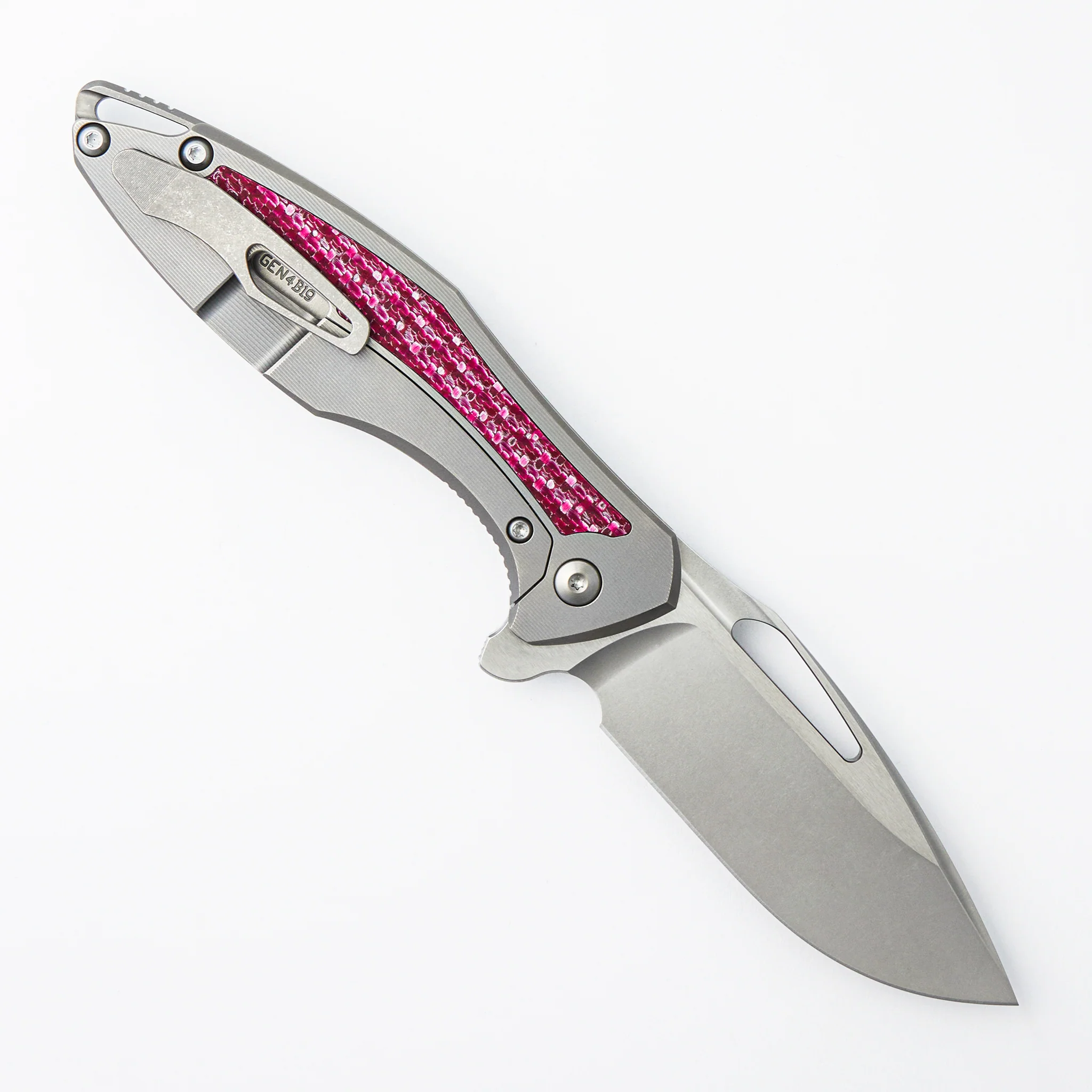 Arius - Smooth Titanium Handle W/ Cherry Twill Inlay - Silver Hardware - Brightwashed w/ Polished Flats M390 Blade - Image 2