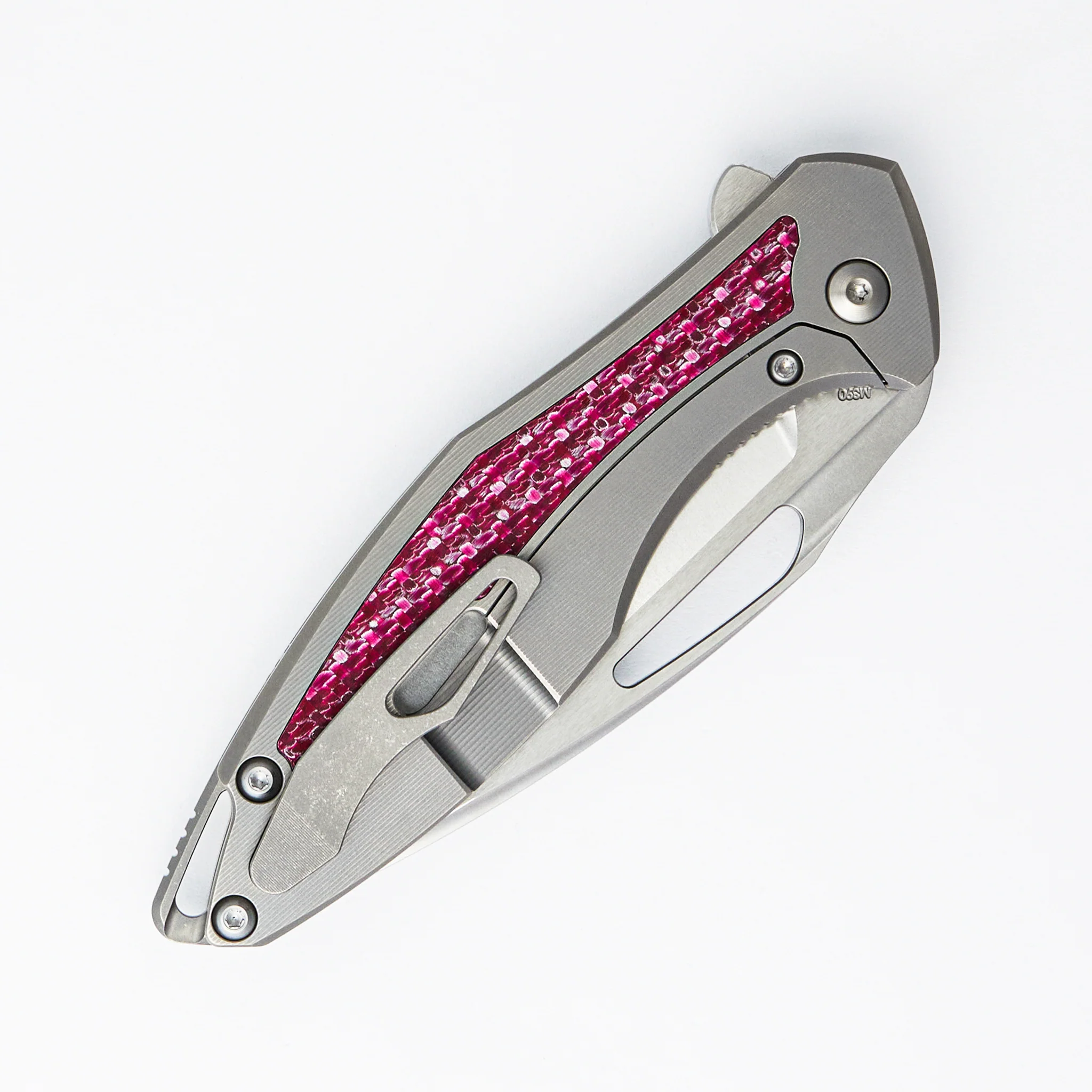 Arius - Smooth Titanium Handle W/ Cherry Twill Inlay - Silver Hardware - Brightwashed w/ Polished Flats M390 Blade - Image 4