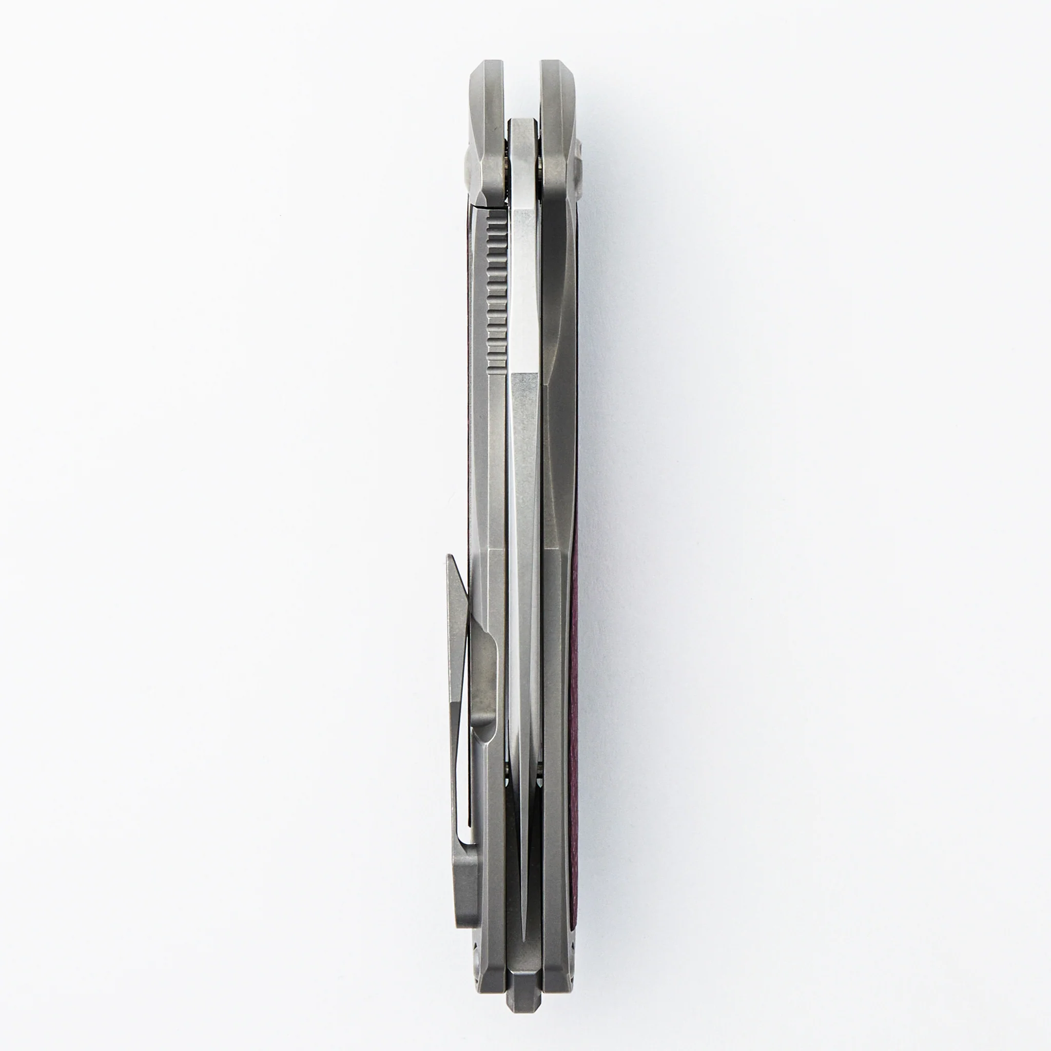 Arius - Smooth Titanium Handle W/ Cherry Twill Inlay - Silver Hardware - Brightwashed w/ Polished Flats M390 Blade - Image 5