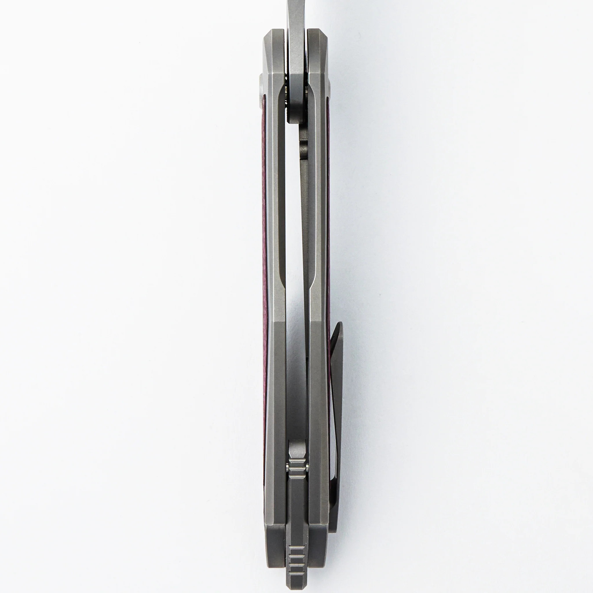 Arius - Smooth Titanium Handle W/ Cherry Twill Inlay - Silver Hardware - Brightwashed w/ Polished Flats M390 Blade - Image 7