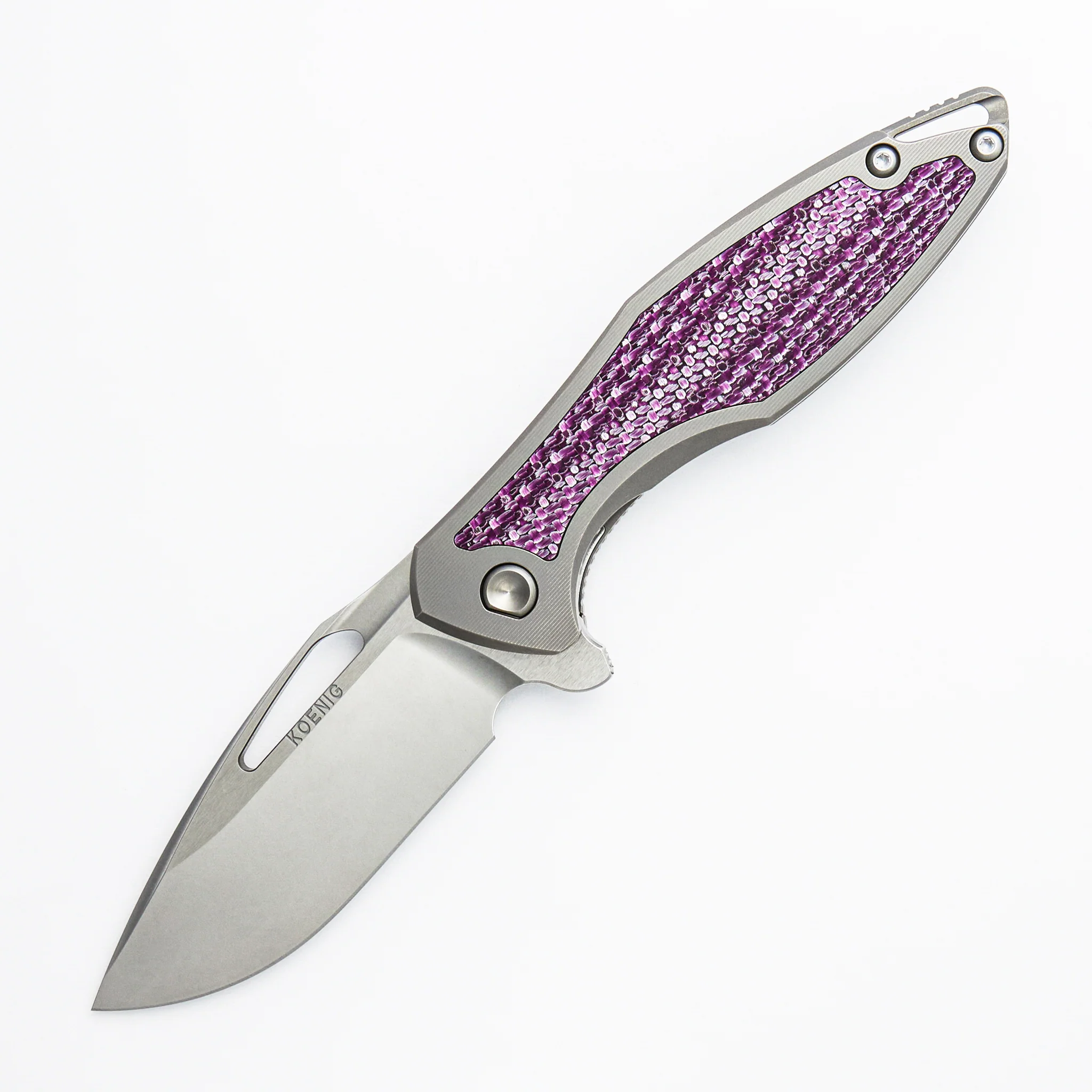 Arius - Smooth Titanium Handle W/ Purple Twill Inlay - Silver Hardware - Brightwashed w/ Polished Flats M390 Blade