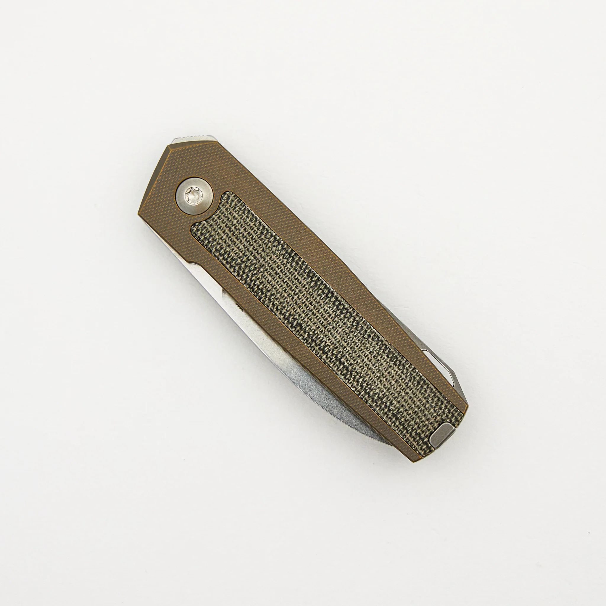 ARN - Amber/Satin - Titanium Handle - Green Canvas Micarta Inlays - RWL34 Blade - Image 3