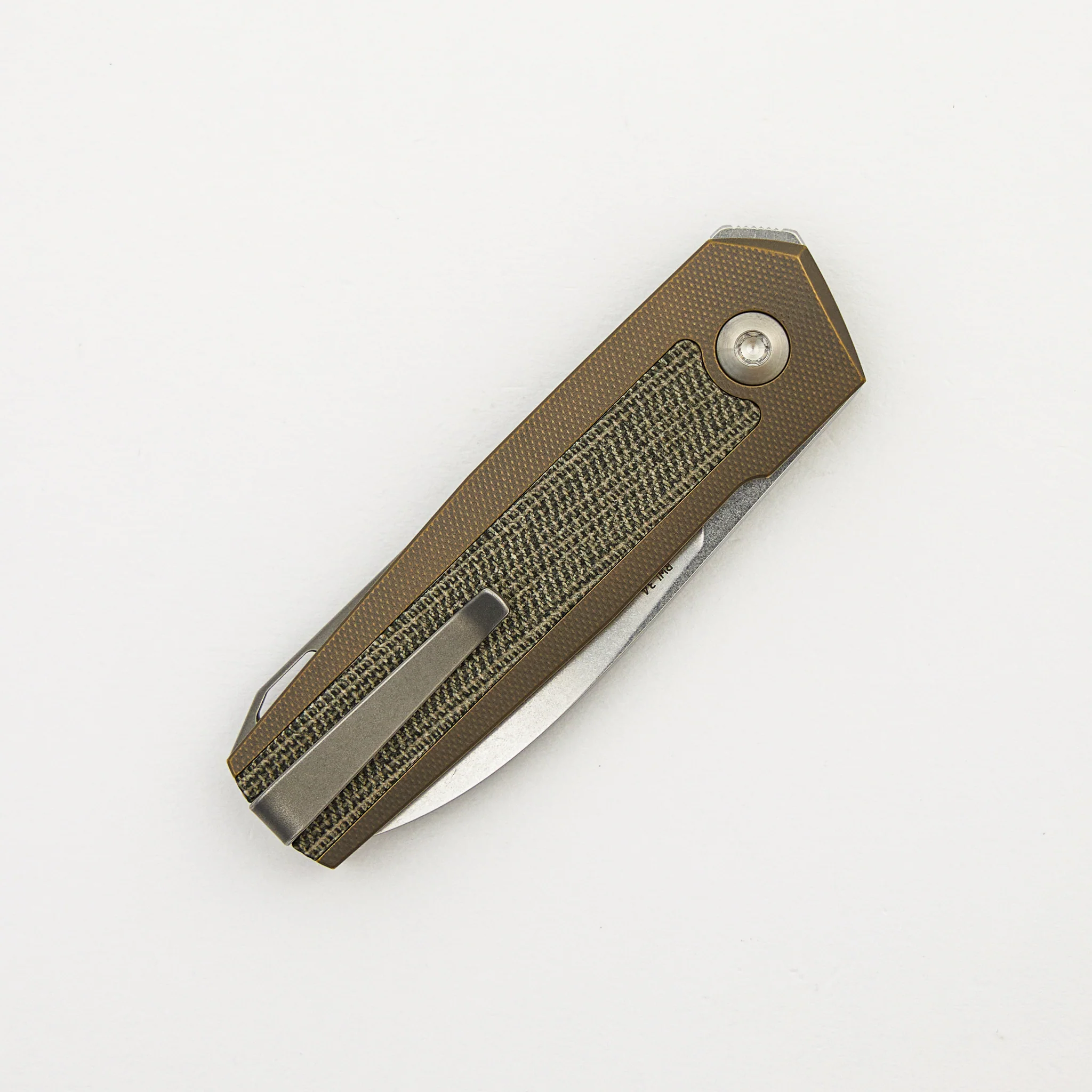ARN - Amber/Satin - Titanium Handle - Green Canvas Micarta Inlays - RWL34 Blade - Image 4