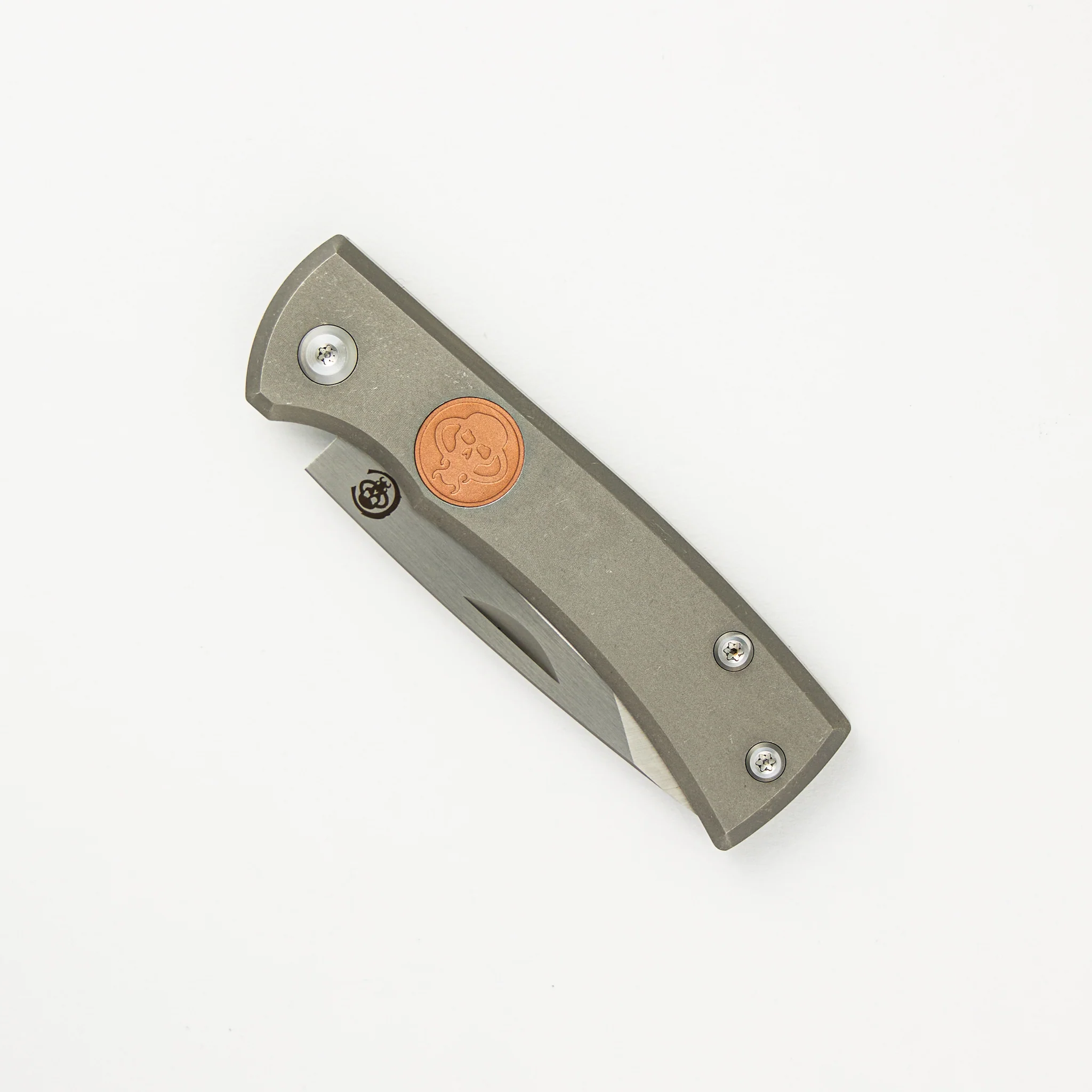 Redencion Slip Joint - Stonewash Titanium Handle - Copper Inlay - Belt Satin M390 Tanto Blade - Image 3