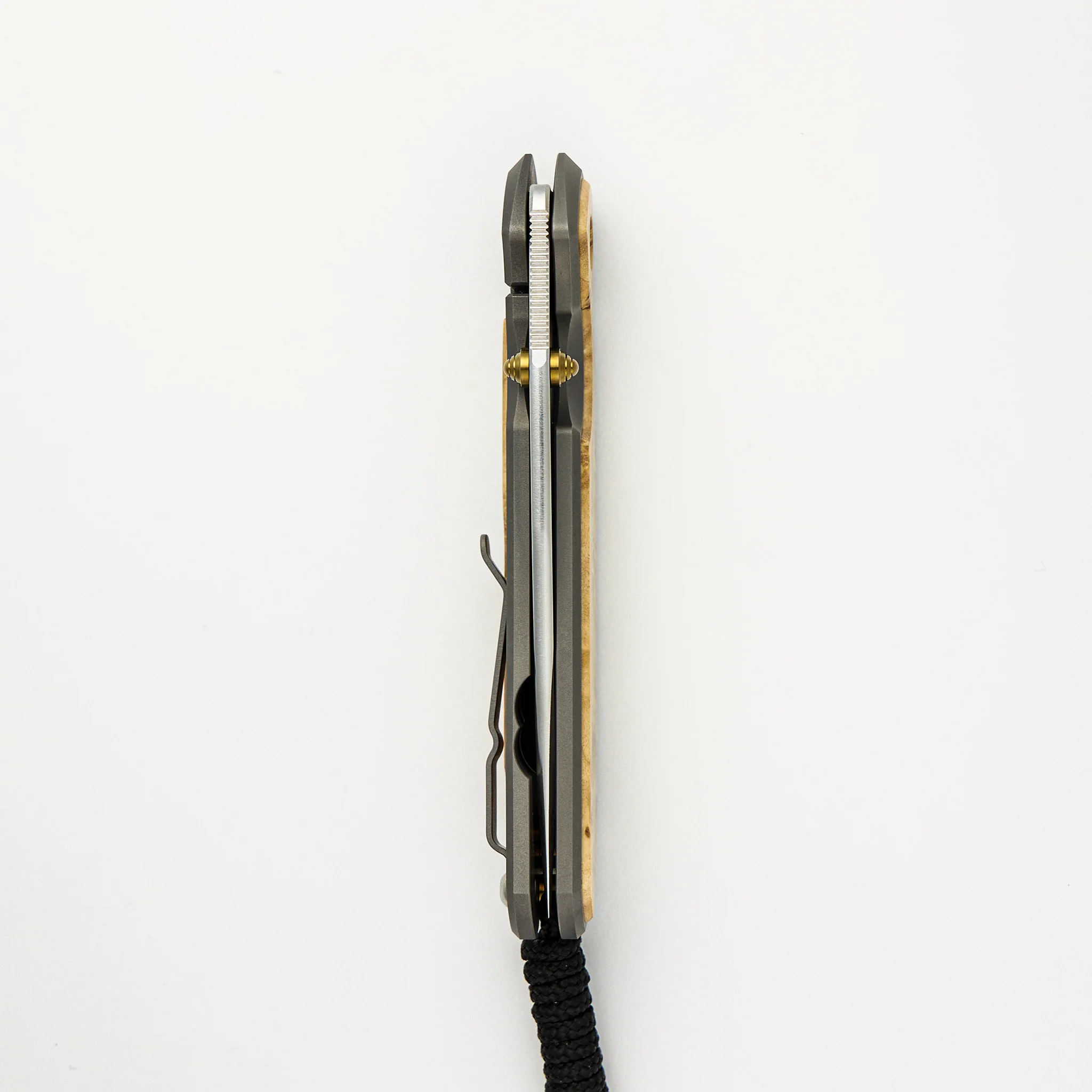 Large Sebenza 31 - Box Elder Inlay - Drop Point CPM MagnaCut Blade - Gold Double Thumb Lugs - Image 12