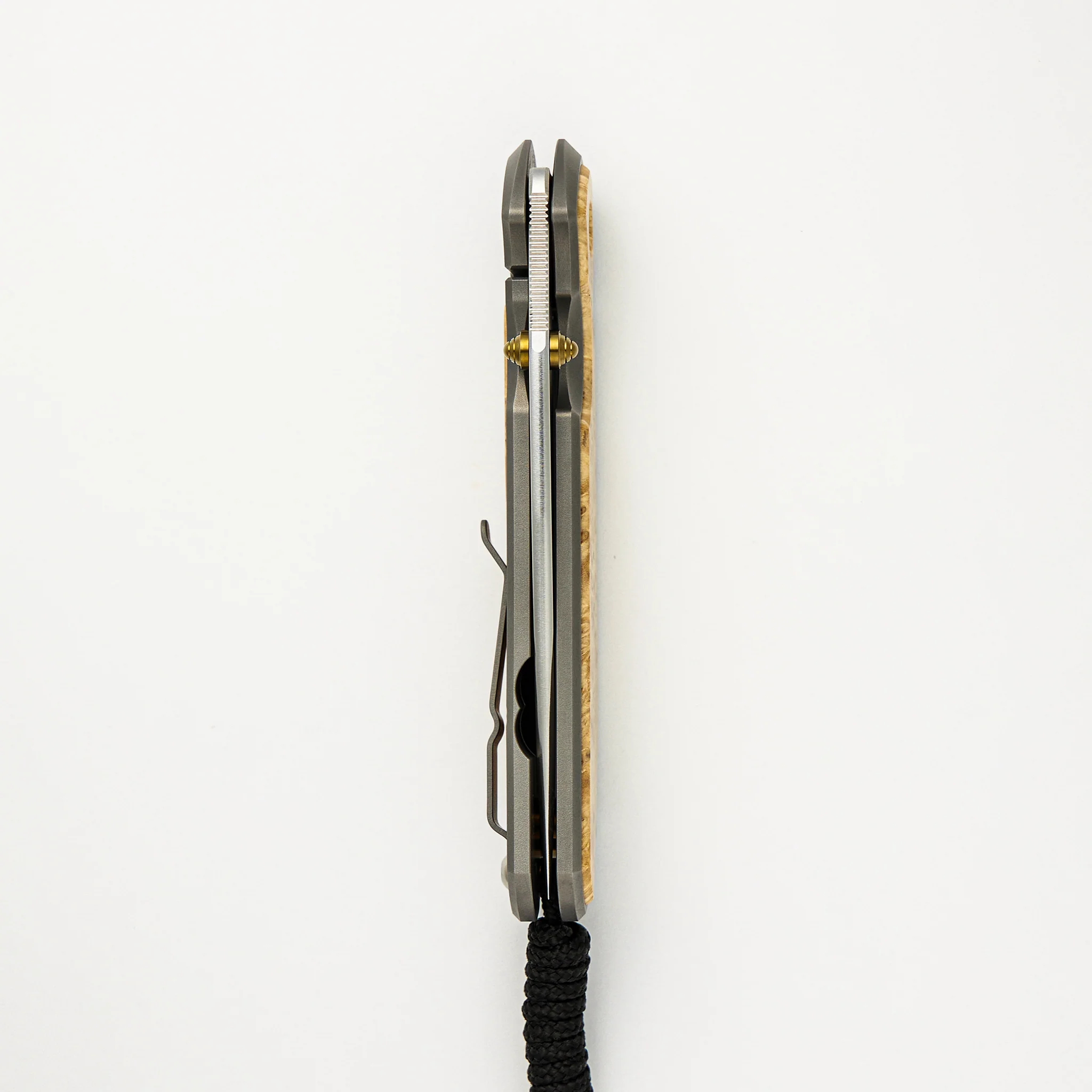 Large Sebenza 31 - Box Elder Inlay - Drop Point CPM MagnaCut Blade - Gold Double Thumb Lugs - Image 19