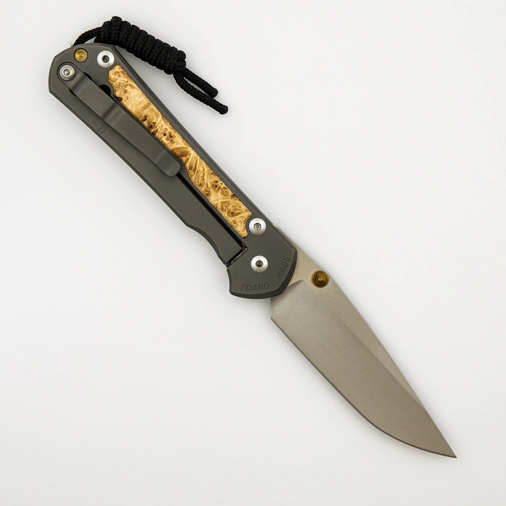 Large Sebenza 31 - Box Elder Inlay - Drop Point CPM MagnaCut Blade - Gold Double Thumb Lugs - Image 2