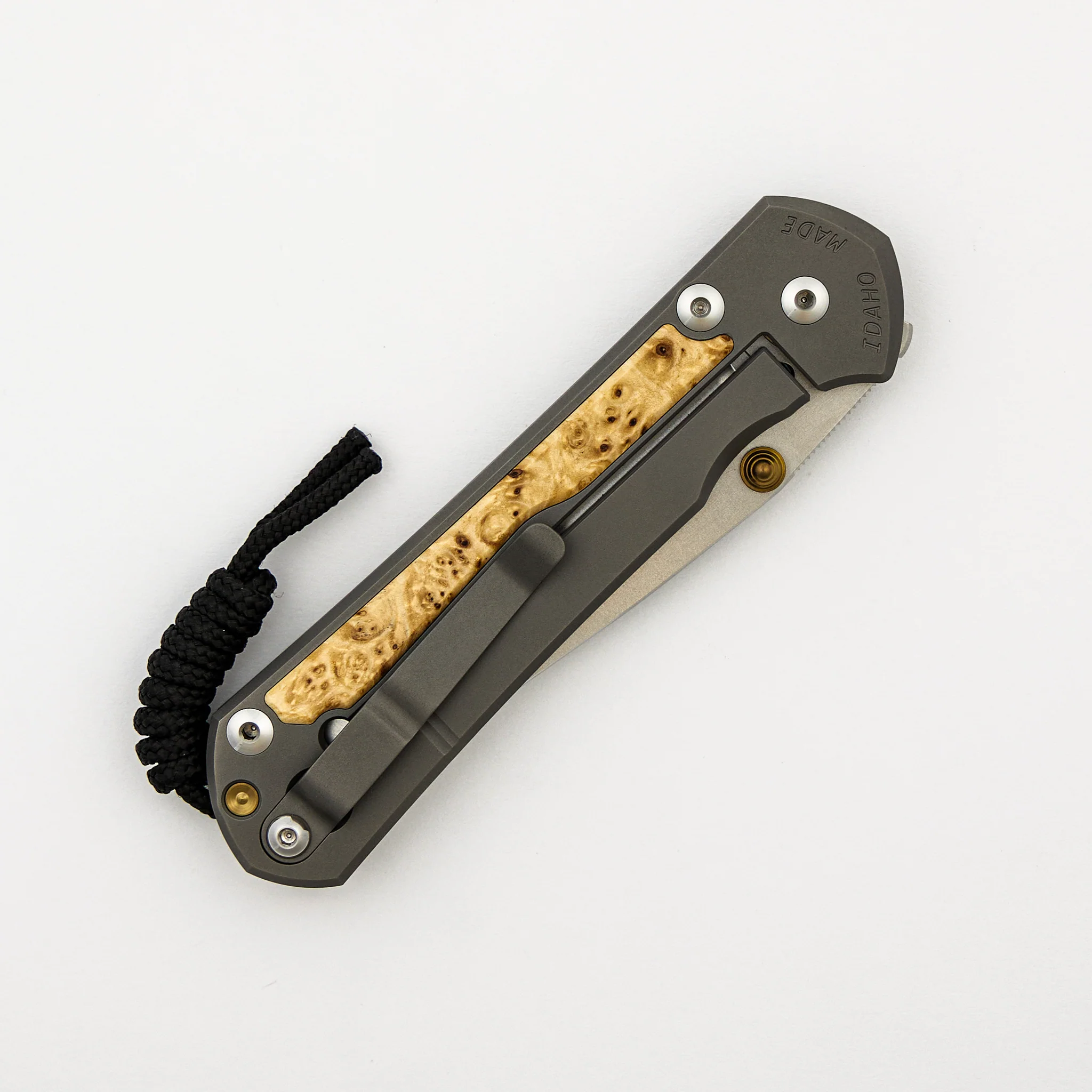Large Sebenza 31 - Box Elder Inlay - Drop Point CPM MagnaCut Blade - Gold Double Thumb Lugs - Image 25