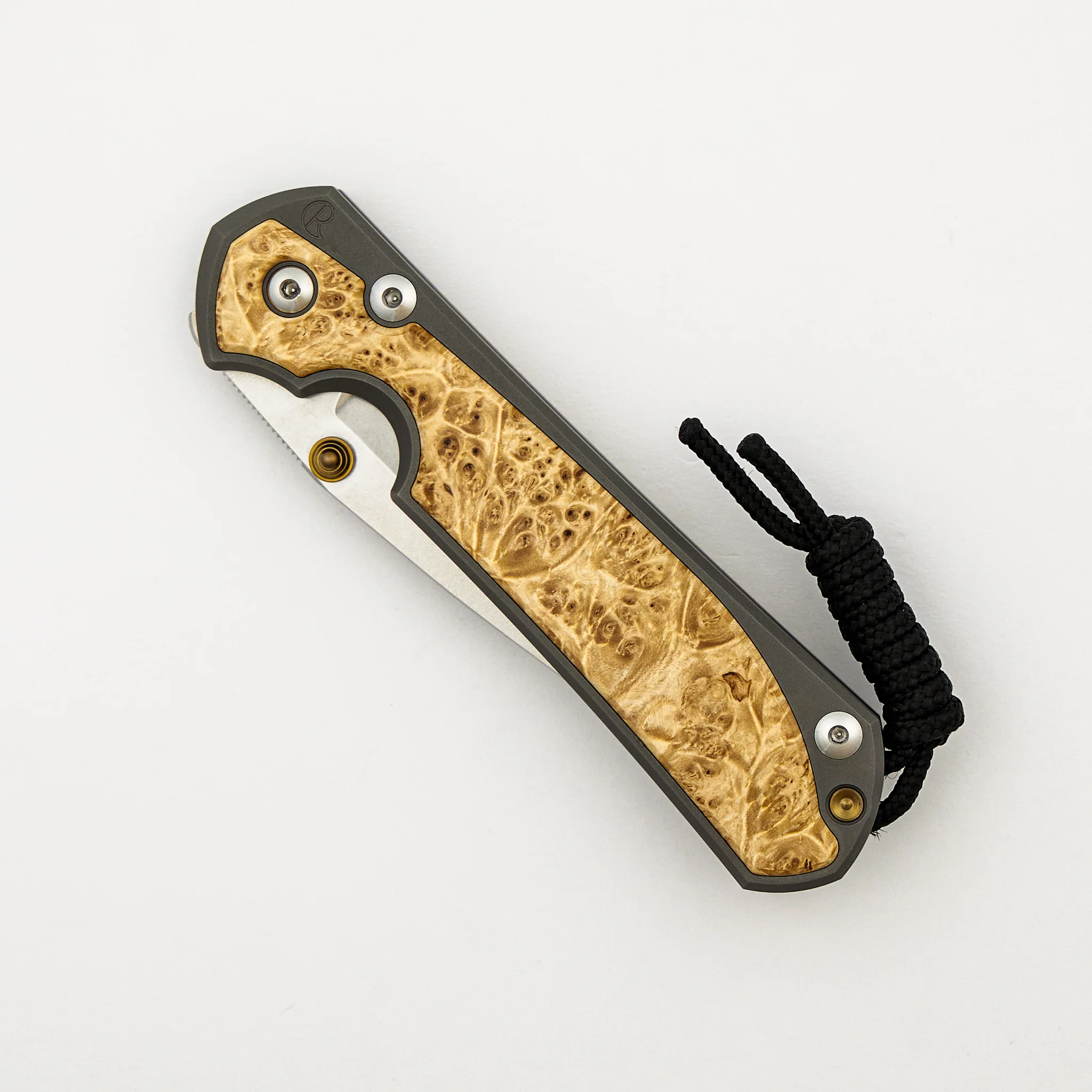 Large Sebenza 31 - Box Elder Inlay - Drop Point CPM MagnaCut Blade - Gold Double Thumb Lugs - Image 3
