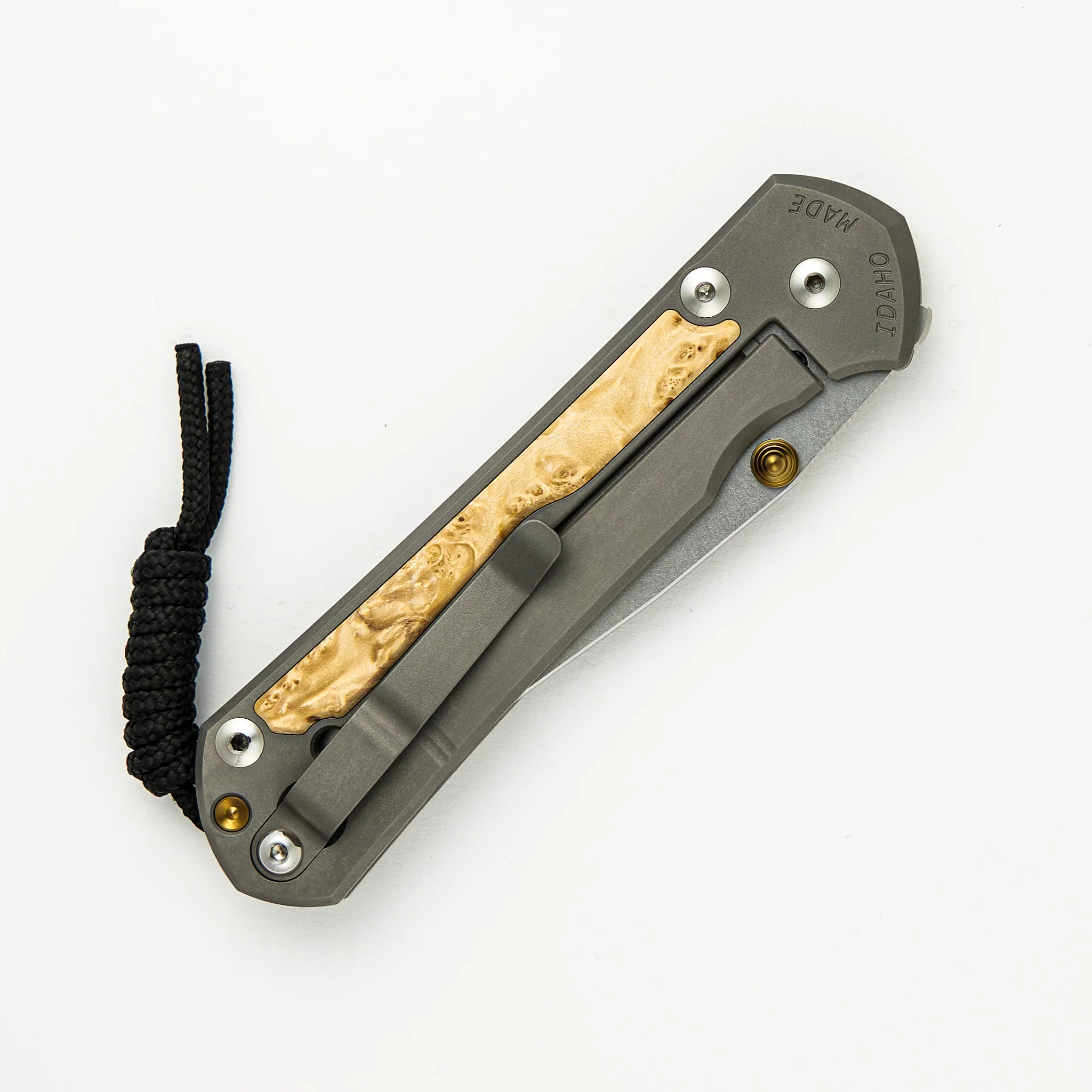 Large Sebenza 31 - Box Elder Inlay - Drop Point CPM MagnaCut Blade - Gold Double Thumb Lugs - Image 60