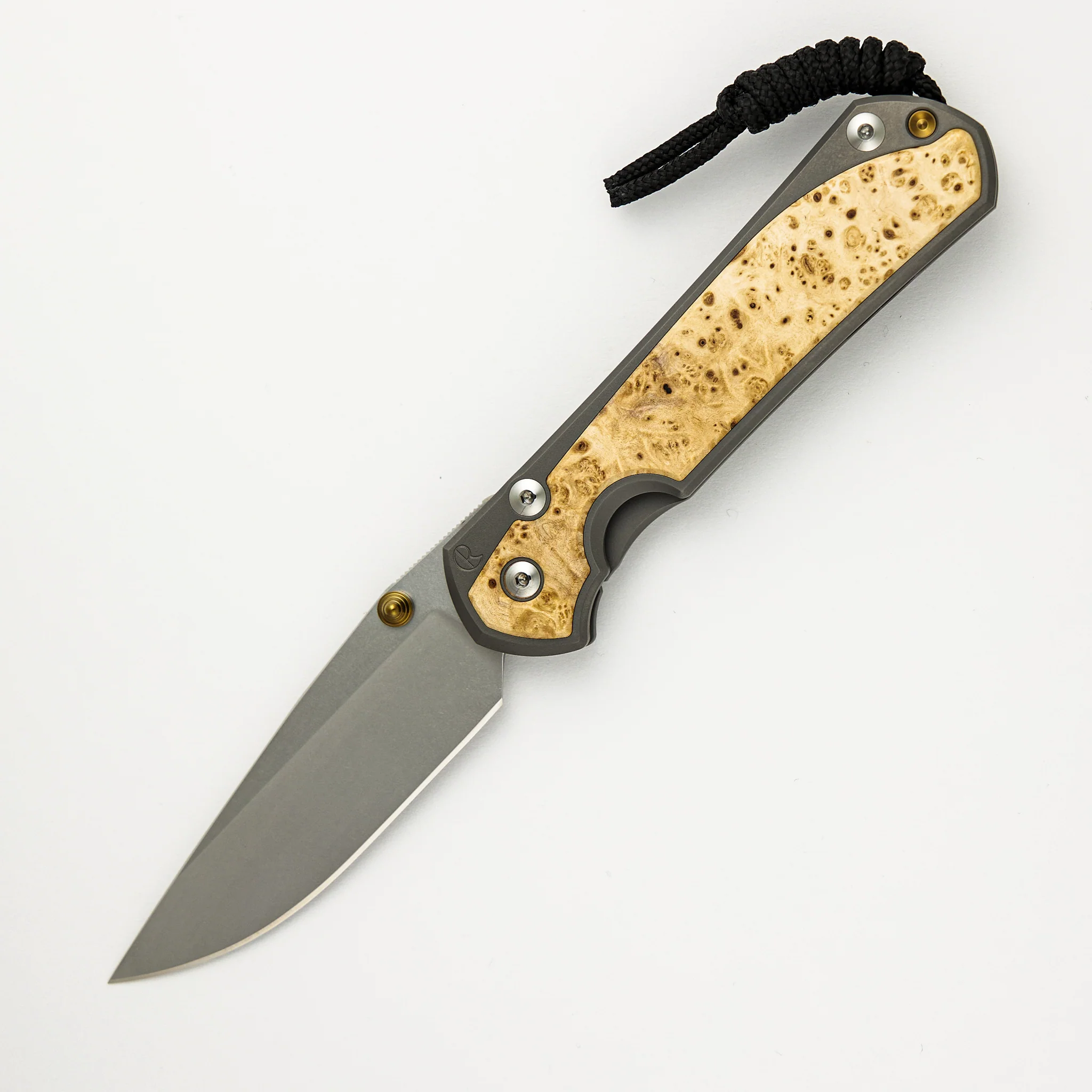 Large Sebenza 31 - Box Elder Inlay - Drop Point CPM MagnaCut Blade - Gold Double Thumb Lugs - Image 64