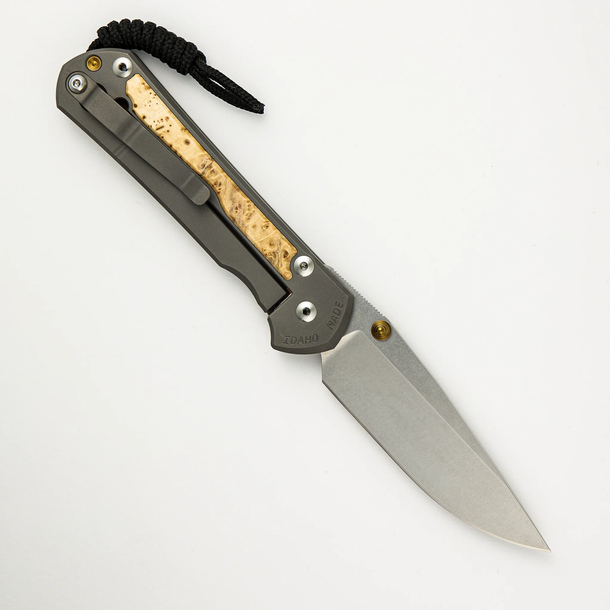 Large Sebenza 31 - Box Elder Inlay - Drop Point CPM MagnaCut Blade - Gold Double Thumb Lugs - Image 65