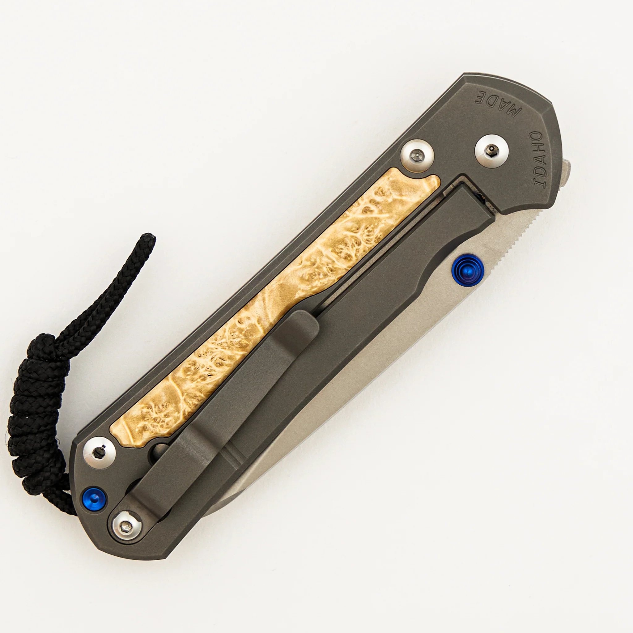 Large Sebenza 31 Box Elder Inlay - Insingo CPM MagnaCut Blade - Blue Double Thumb Lugs - Image 4