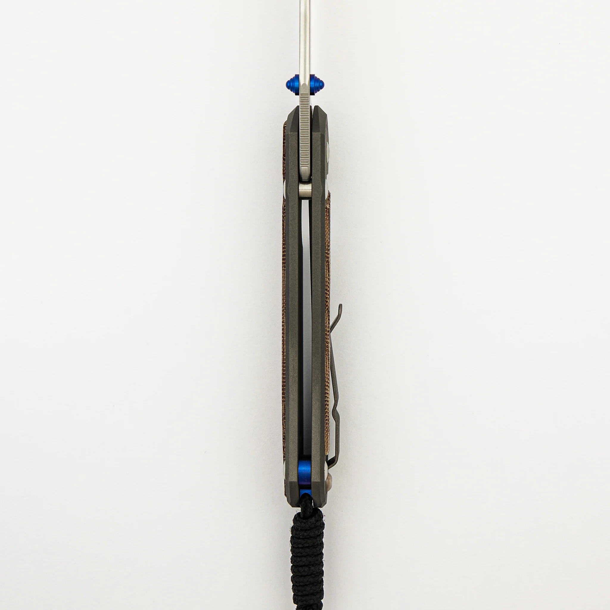 Large Sebenza 31 - Natural Canvas Micarta Inlay - Drop Point CPM MagnaCut Blade - Blue Double Thumb Lugs - Image 7