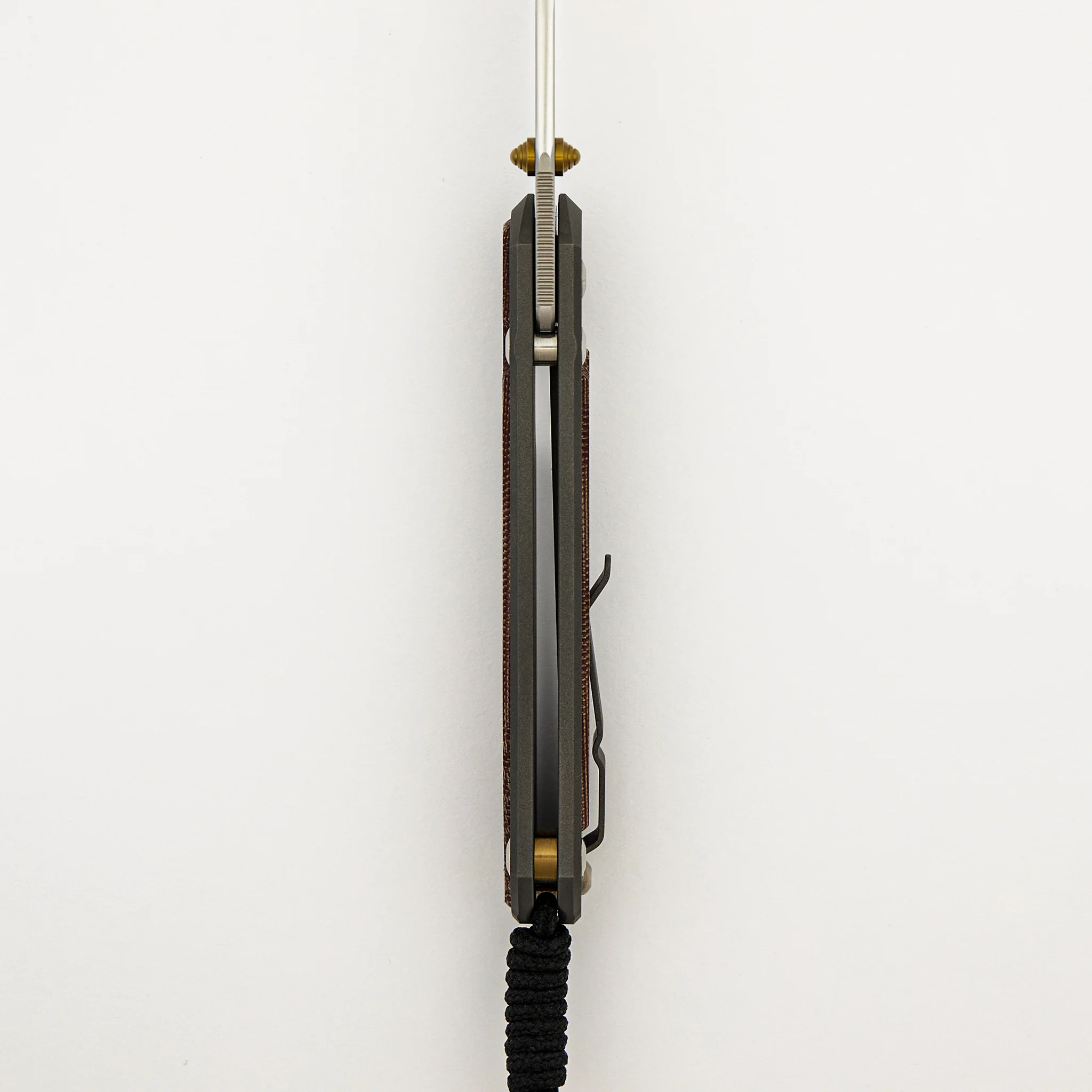 Large Sebenza 31 - Natural Canvas Micarta Inlay - Polished CPM MagnaCut Blade - Gold Double Thumb Lugs - Image 7