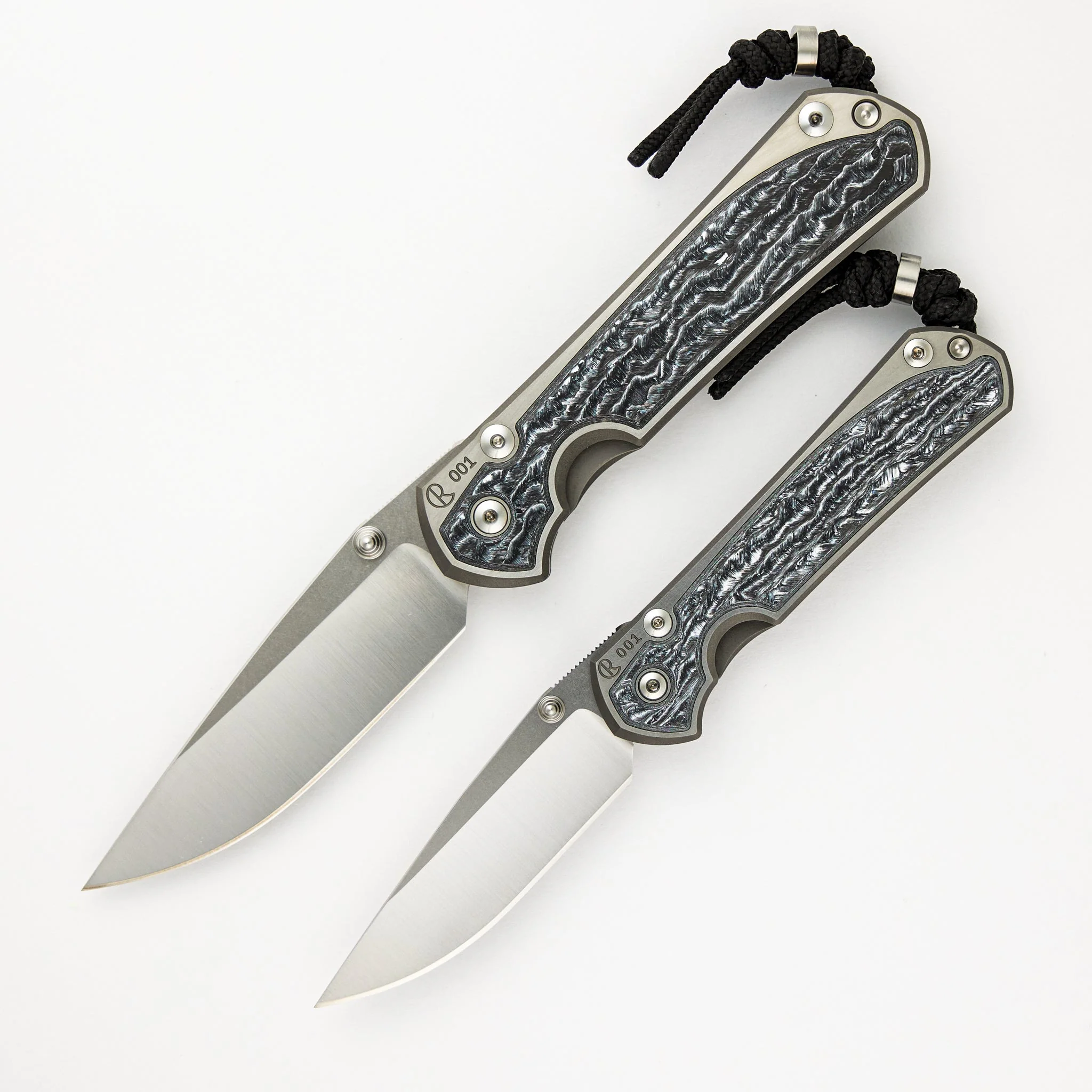 Large & Small Sebenza 31 Numbered Matched Set - White CarboTi Inlay - Polished Drop Point CPM MagnaCut Blade - Silver Double Lugs - 2024 R1 Invitational