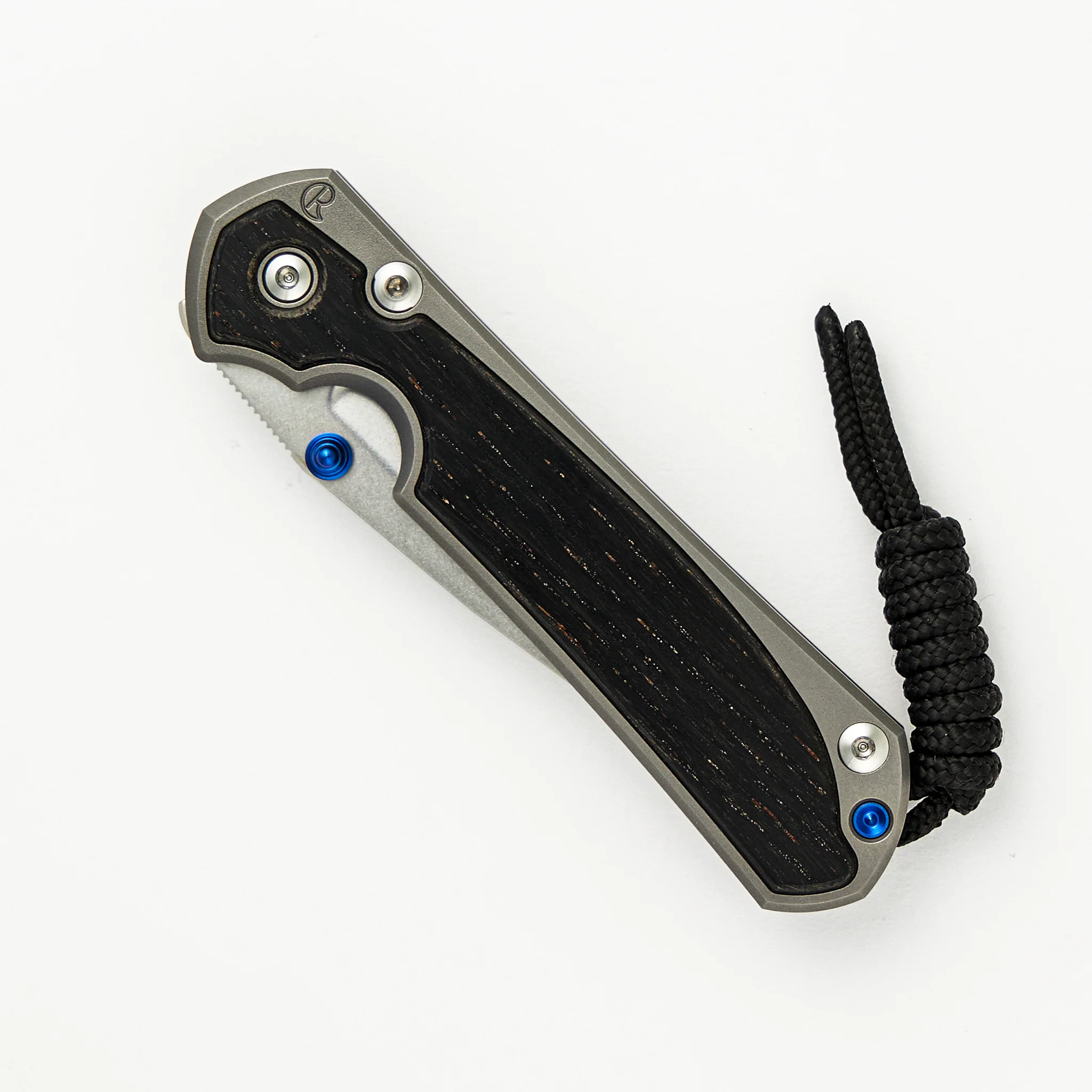 Small Sebenza 31 Bog Oak Inlay - CPM MagnaCut Blade - Blue Double Thumb Lugs - Image 24