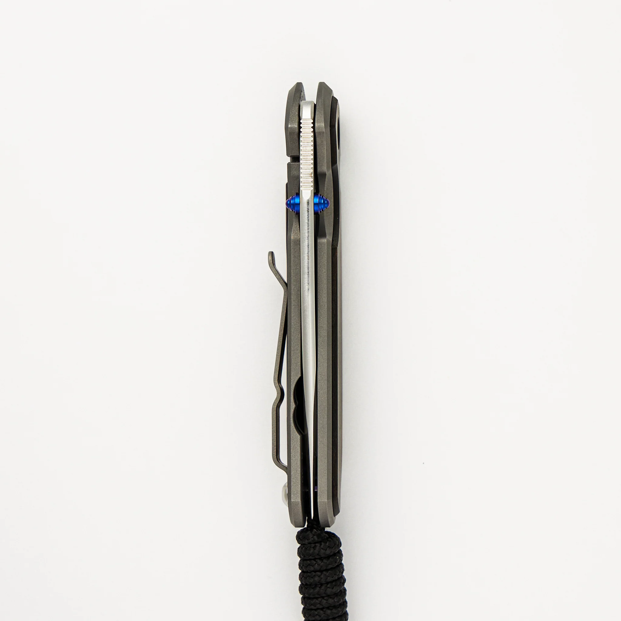Small Sebenza 31 Macassar Ebony Inlay - Drop Point CPM MagnaCut Blade - Blue Double Thumb Lugs - Image 12