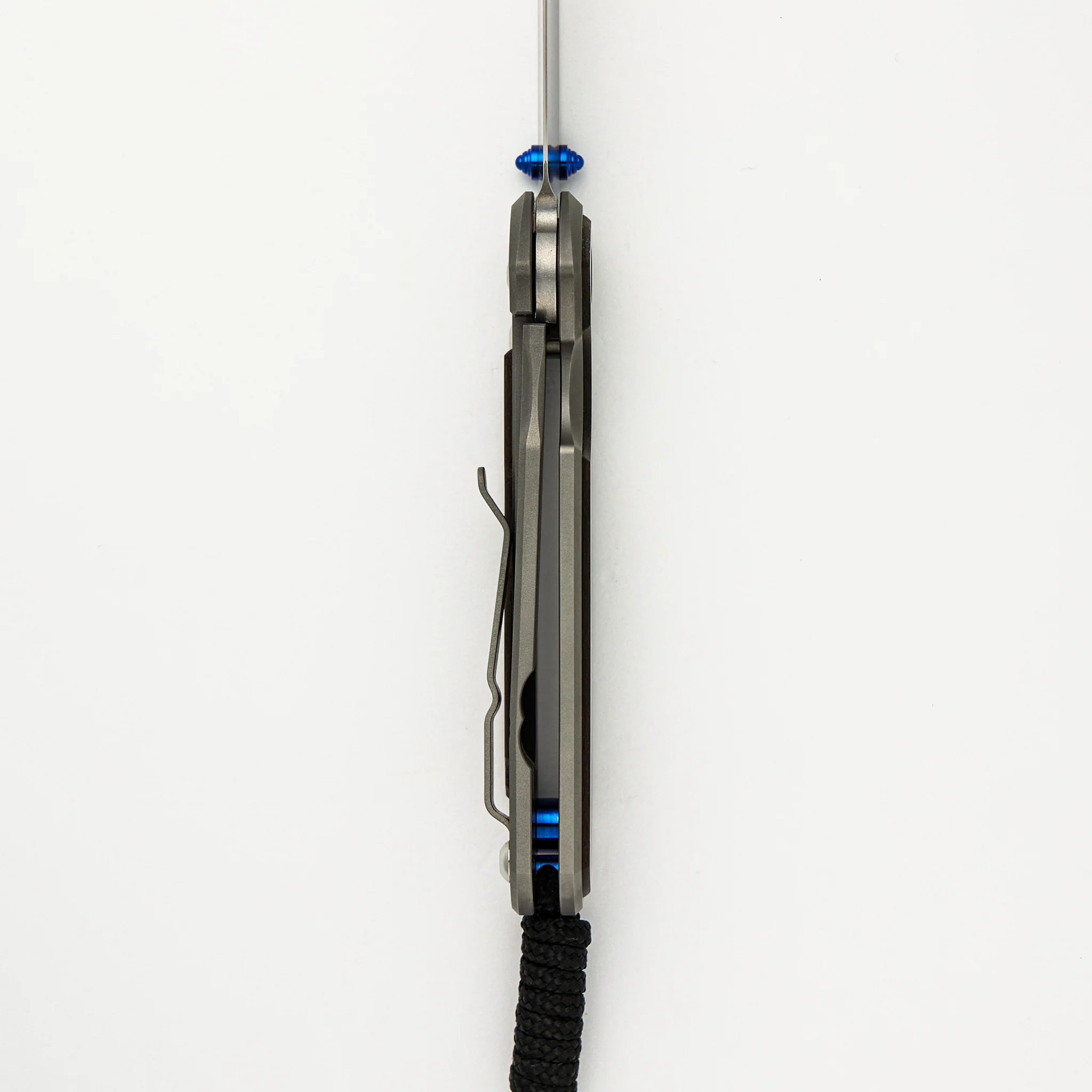 Small Sebenza 31 Macassar Ebony Inlay - Drop Point CPM MagnaCut Blade - Blue Double Thumb Lugs - Image 6