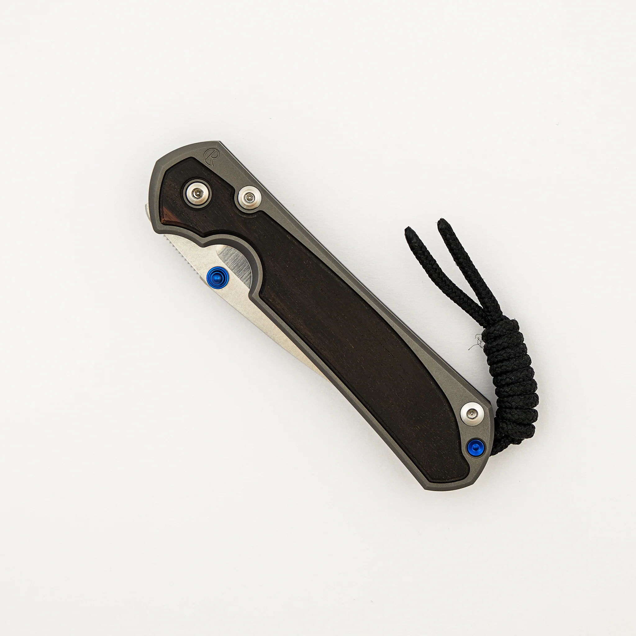 Small Sebenza 31 - Macassar Ebony Inlay - Drop Point Polished CPM MagnaCut Blade - Blue Double Thumb Lugs - Image 3