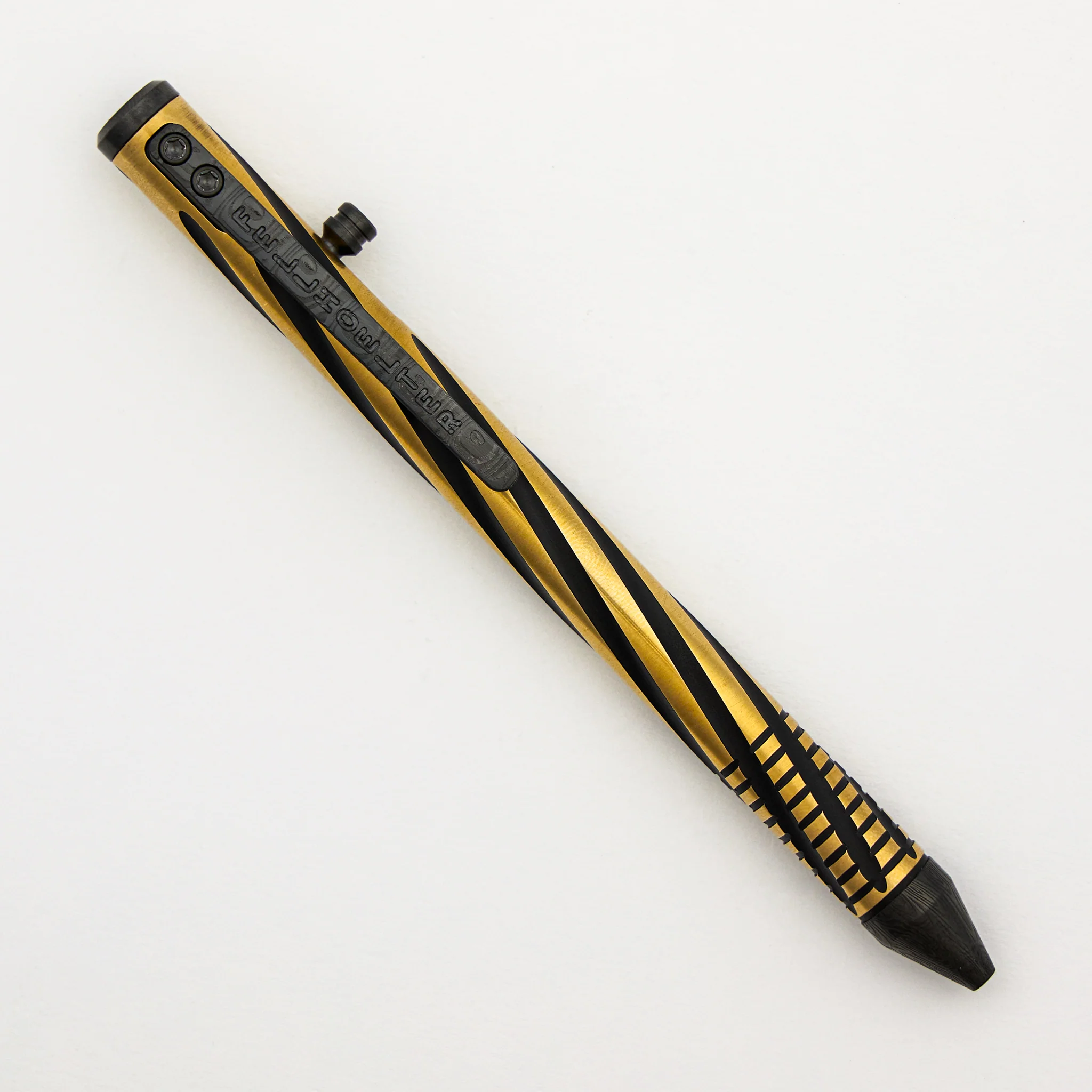 Cptn Axel Full Size TiBolt Pen - Brass Crosscut Tuxedo W/ Zirc Hardware & Black Damasteel Tritium Clip - Image 2