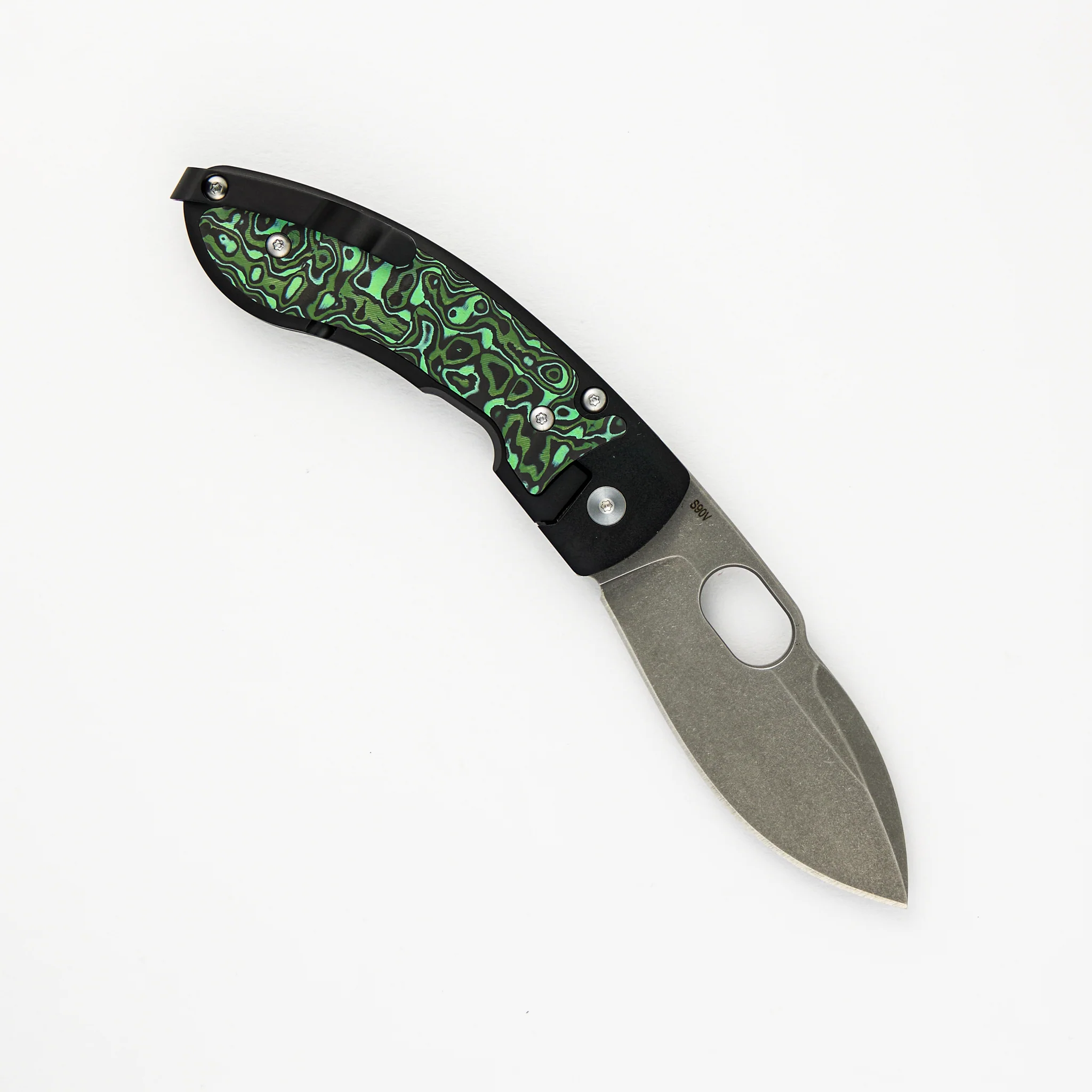Lum Leaf (Style 10) – Green/Black Carbon Fiber Inlays – Stonewash S90V Blade - Image 2