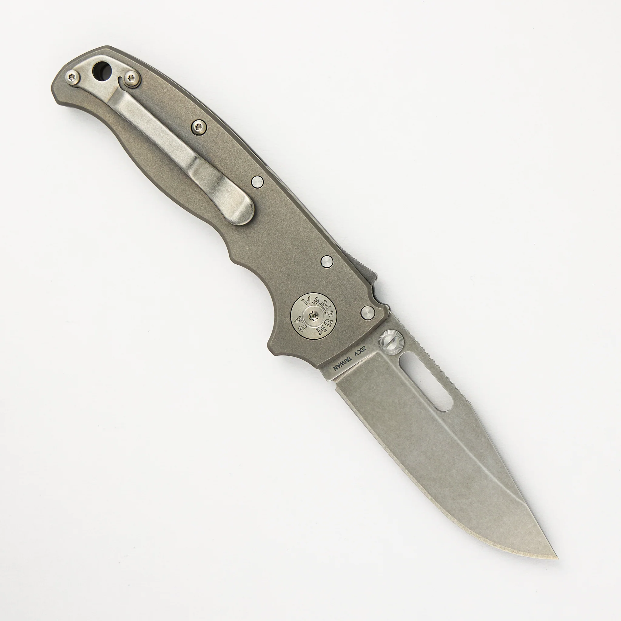 AD20.5 20CV Smooth Titanium Handle Clip Point Stonewash Blade - Image 2
