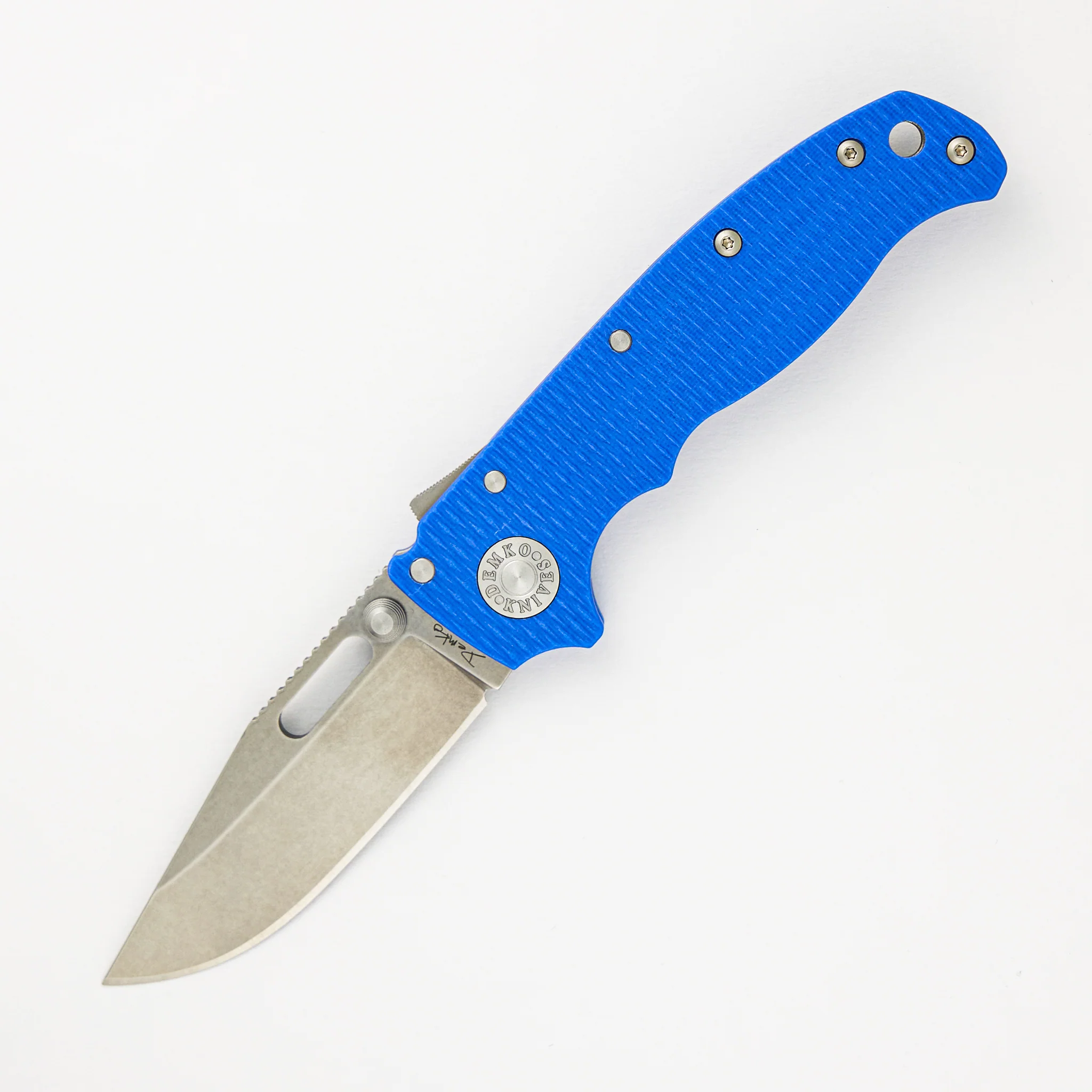 AD20.5 20CV Blue G10 Handle Clip Point Stonewash Blade