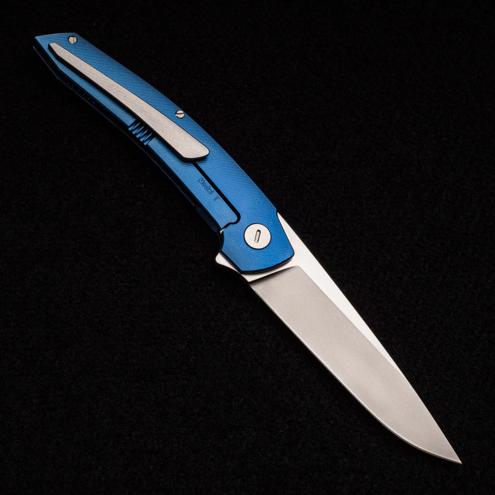 Model T – M390 BLADE W- SATIN FLATS – BLUE TI W- SILVER - Image 2