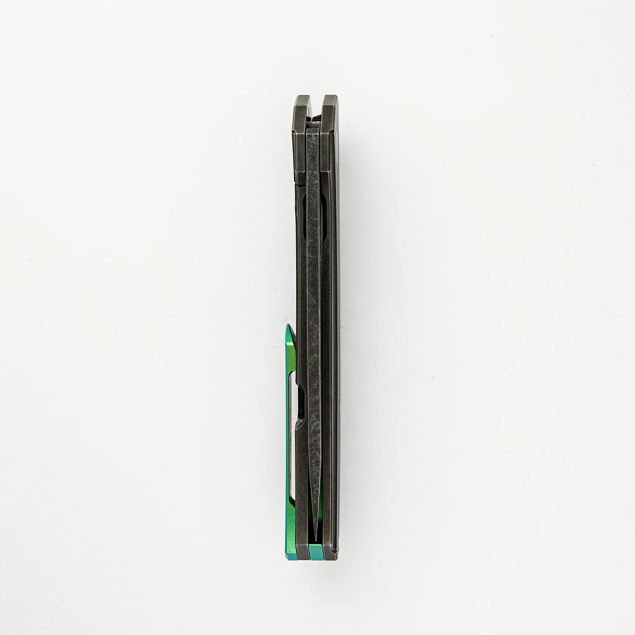 Veli – Dark Stonewashed Textured Titanium Handle – RWL-34 Blade – Green Titanium Hardware - Image 5
