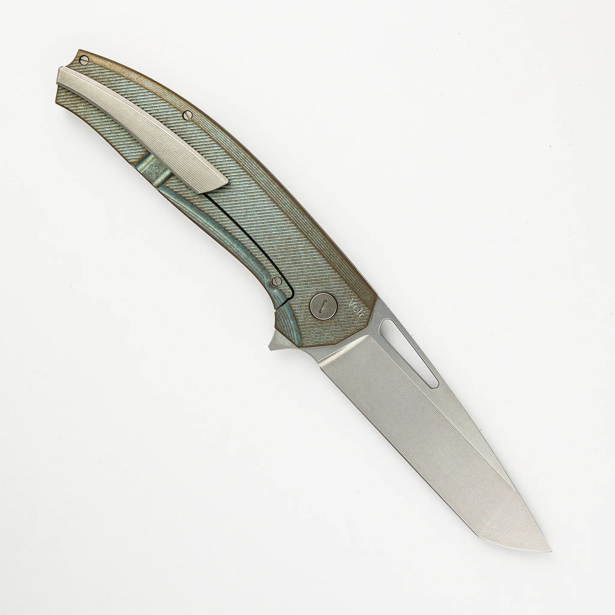 Hog House Knives Veli – Green/Bronze Ano Textured Titanium Handle – RWL-34 Blade – Blasted Titanium Hardware - Image 2