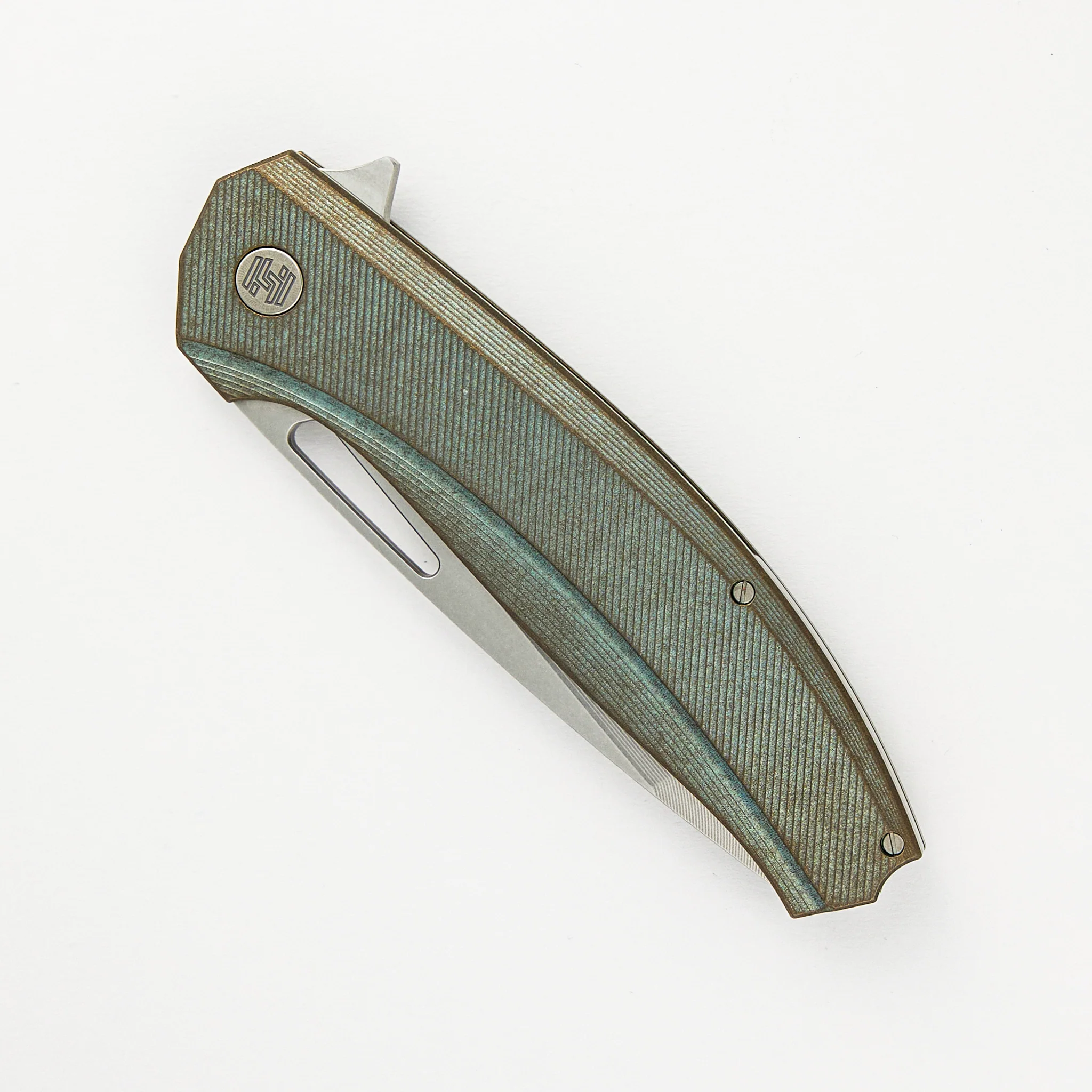 Hog House Knives Veli – Green/Bronze Ano Textured Titanium Handle – RWL-34 Blade – Blasted Titanium Hardware - Image 3