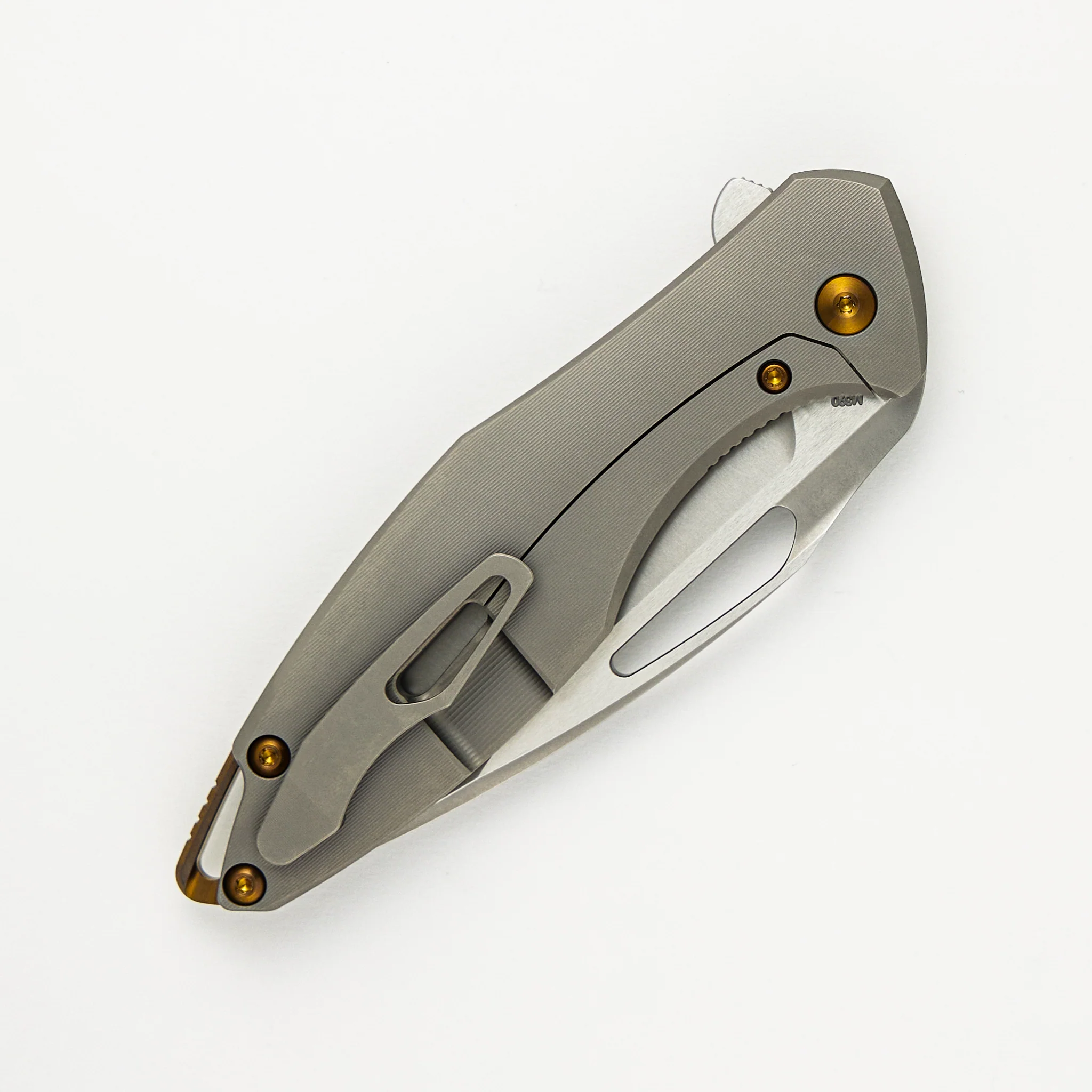 Arius - Pinstripe Titanium Handle - Bronze Hardware - Burnished W/ Polished Flats M390 Blade - Image 4