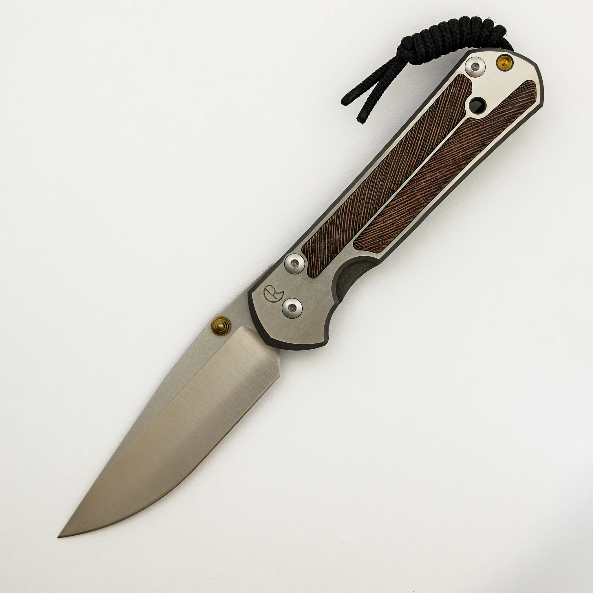 Large Sebenza 21 - Striped Platan Inlay - Polished Drop Point CPM S35VN Blade - Gold Single Lug