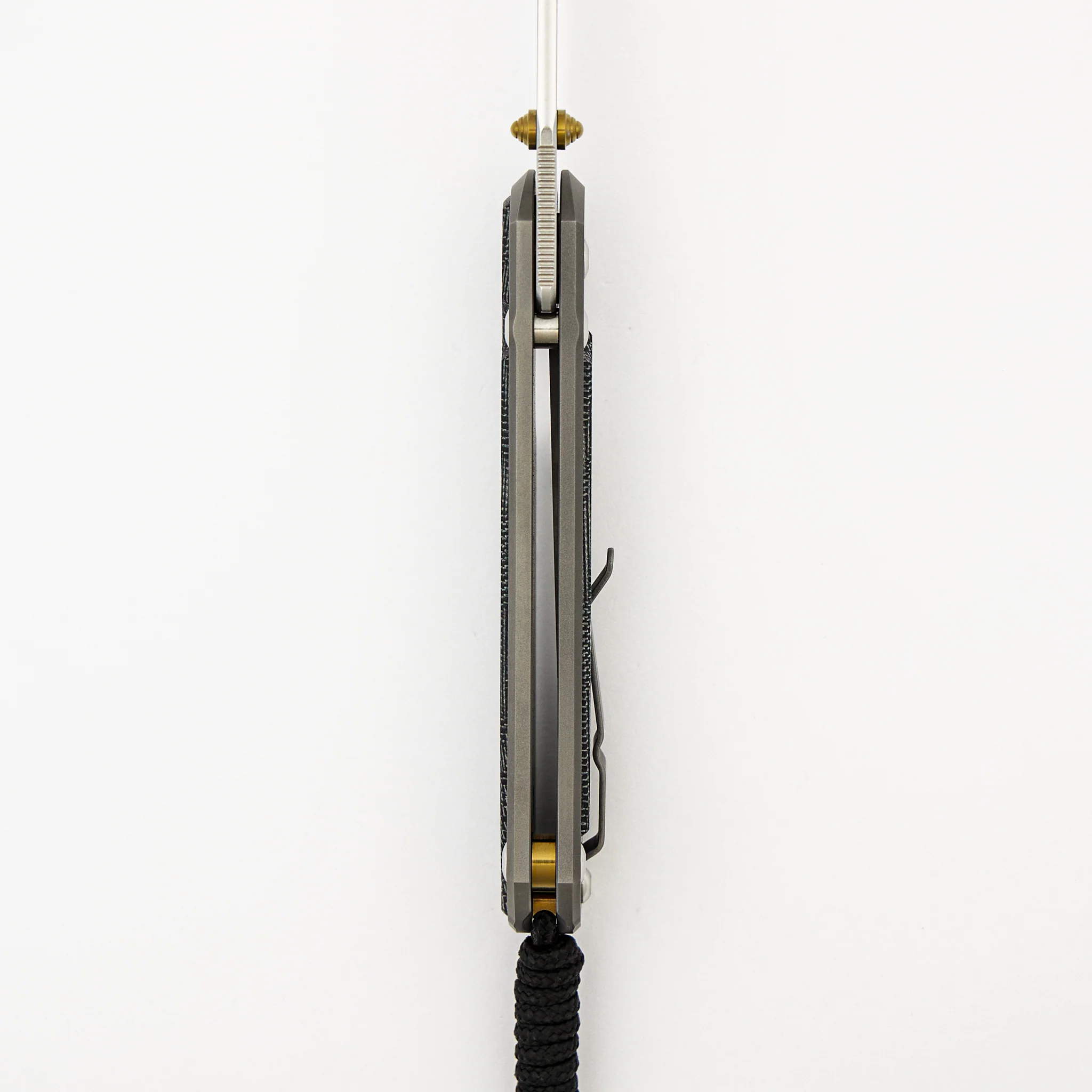Large Sebenza 31 - Black Canvas Micarta Inlay - Drop Point CPM MagnaCut Blade - Glass Blasted - Gold Double Thumb Lugs - Image 7