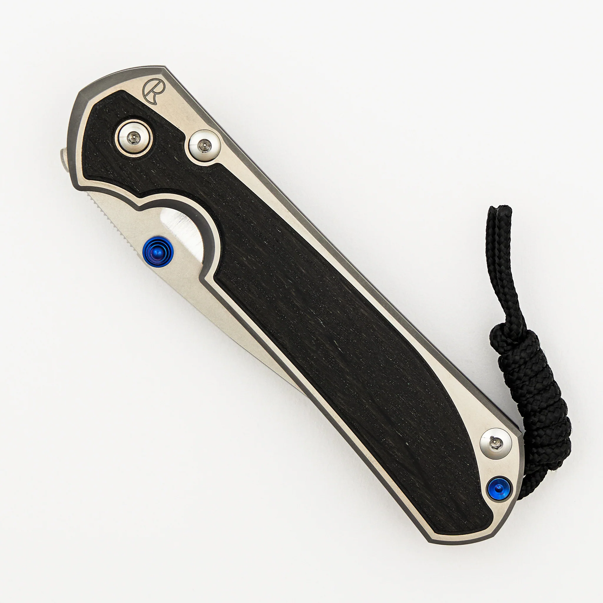 Large Sebenza 31 - Bog Oak Inlay - Polished Drop Point CPM MagnaCut Blade - Blue Double Thumb Lugs - Image 3