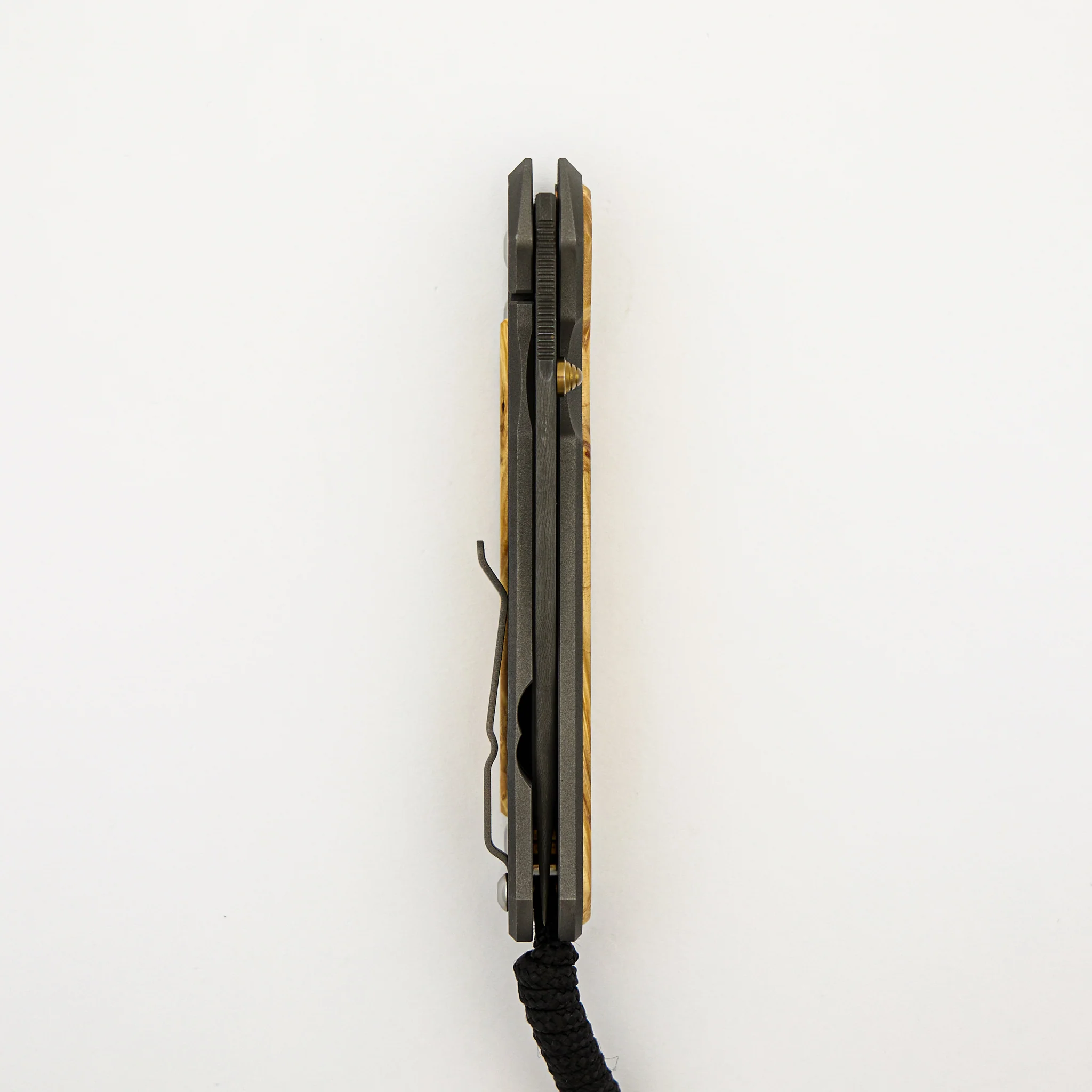 Large Sebenza 31 - Box Elder Inlay - Chad Nichols Stainless Ladder Blade - Gold Single Thumb Lug - Image 5