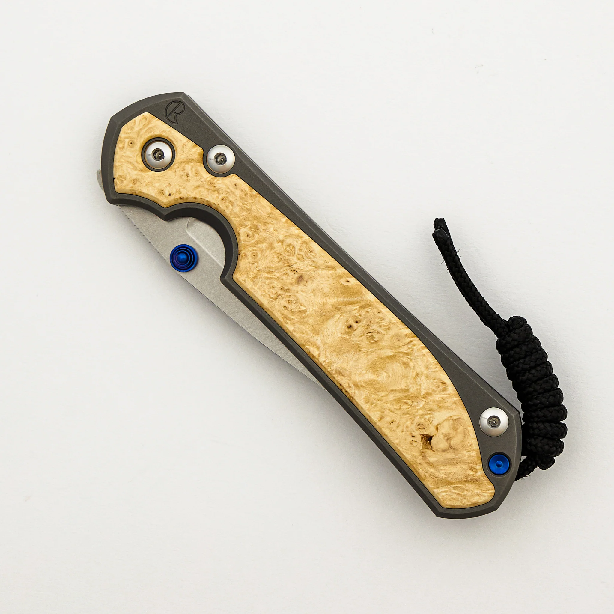 Large Sebenza 31 - Box Elder Inlay - Drop Point CPM MagnaCut Blade - MIM Clip - Blue Double Thumb Lugs - Image 10