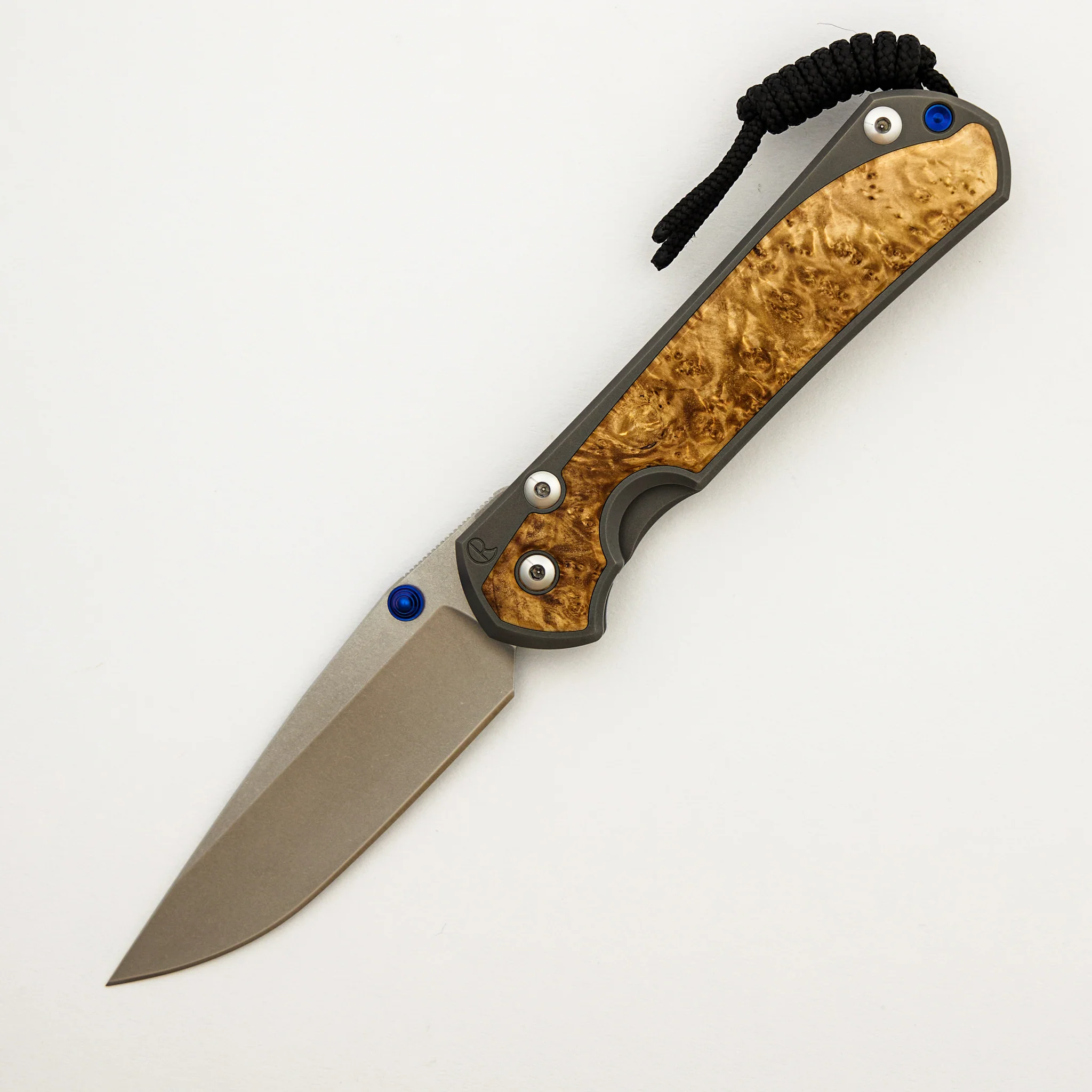 Large Sebenza 31 - Box Elder Inlay - Drop Point CPM MagnaCut Blade - MIM Clip - Blue Double Thumb Lugs - Image 15