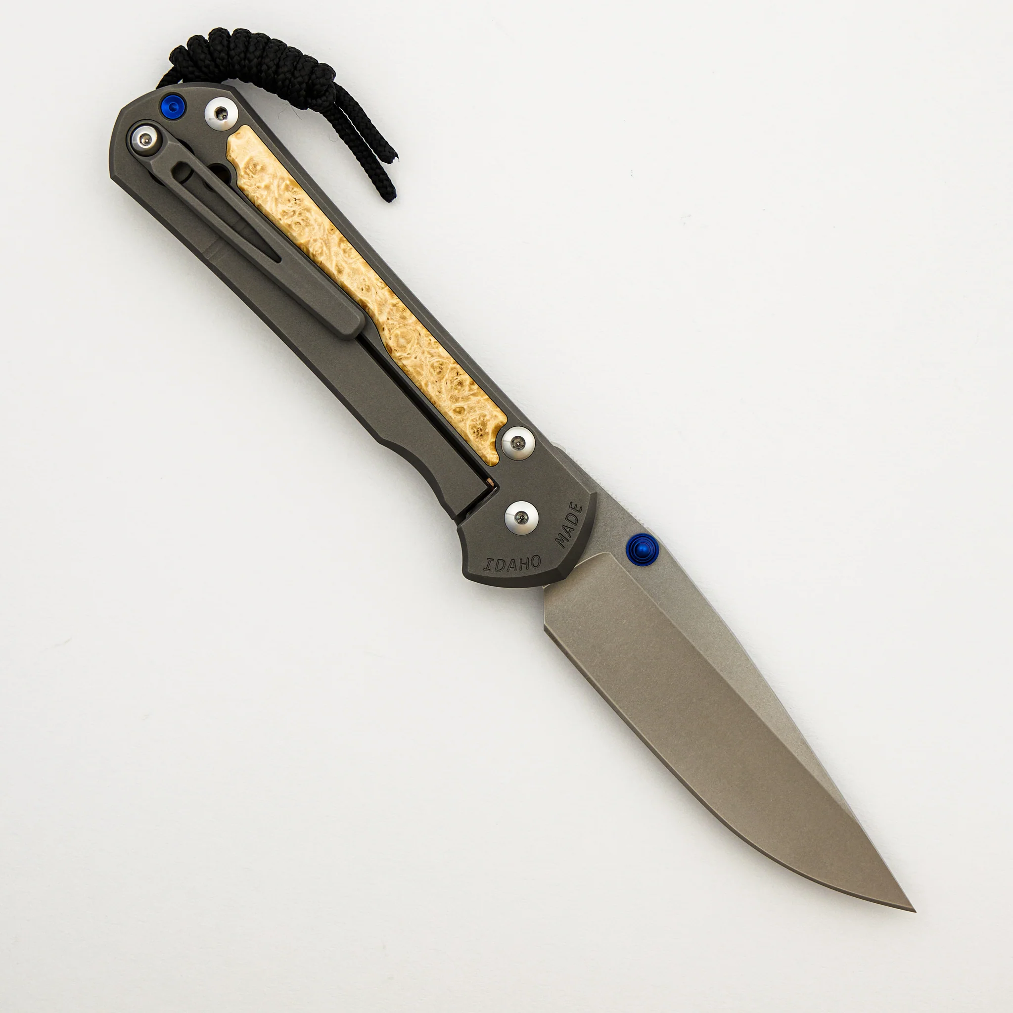 Large Sebenza 31 - Box Elder Inlay - Drop Point CPM MagnaCut Blade - MIM Clip - Blue Double Thumb Lugs - Image 2