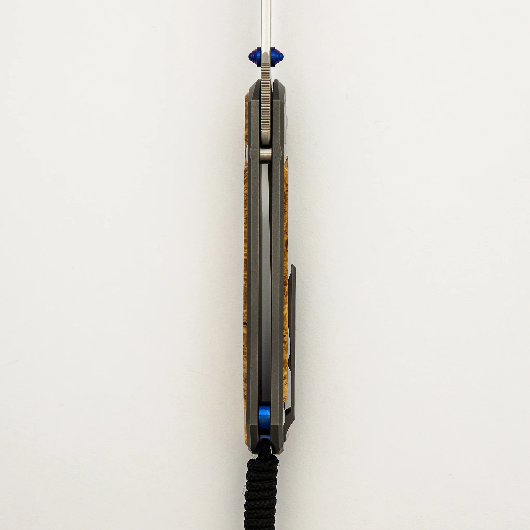 Large Sebenza 31 - Box Elder Inlay - Drop Point CPM MagnaCut Blade - MIM Clip - Blue Double Thumb Lugs - Image 21