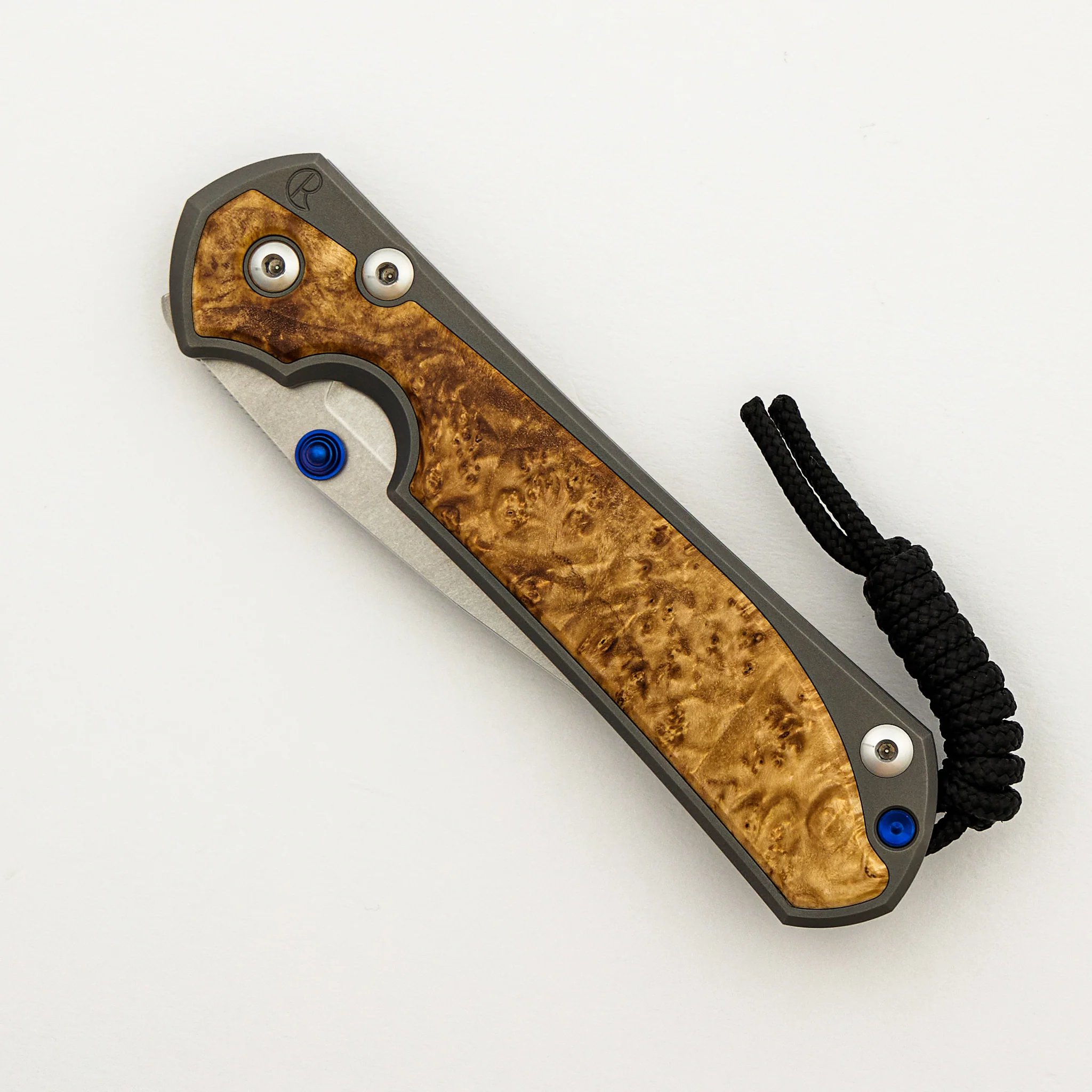 Large Sebenza 31 - Box Elder Inlay - Drop Point CPM MagnaCut Blade - MIM Clip - Blue Double Thumb Lugs - Image 24