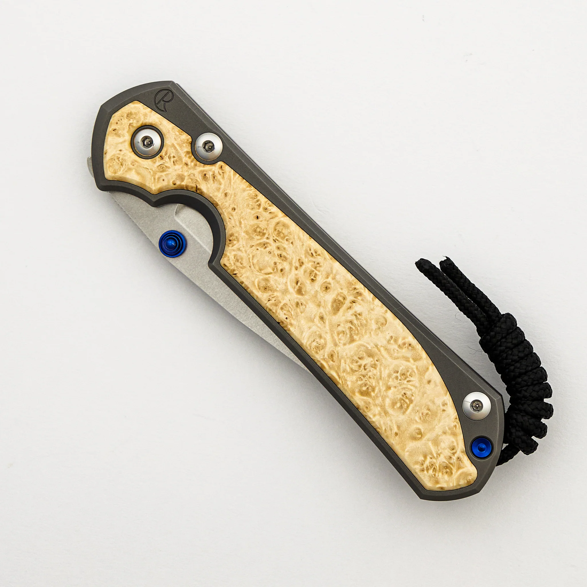Large Sebenza 31 - Box Elder Inlay - Drop Point CPM MagnaCut Blade - MIM Clip - Blue Double Thumb Lugs - Image 3