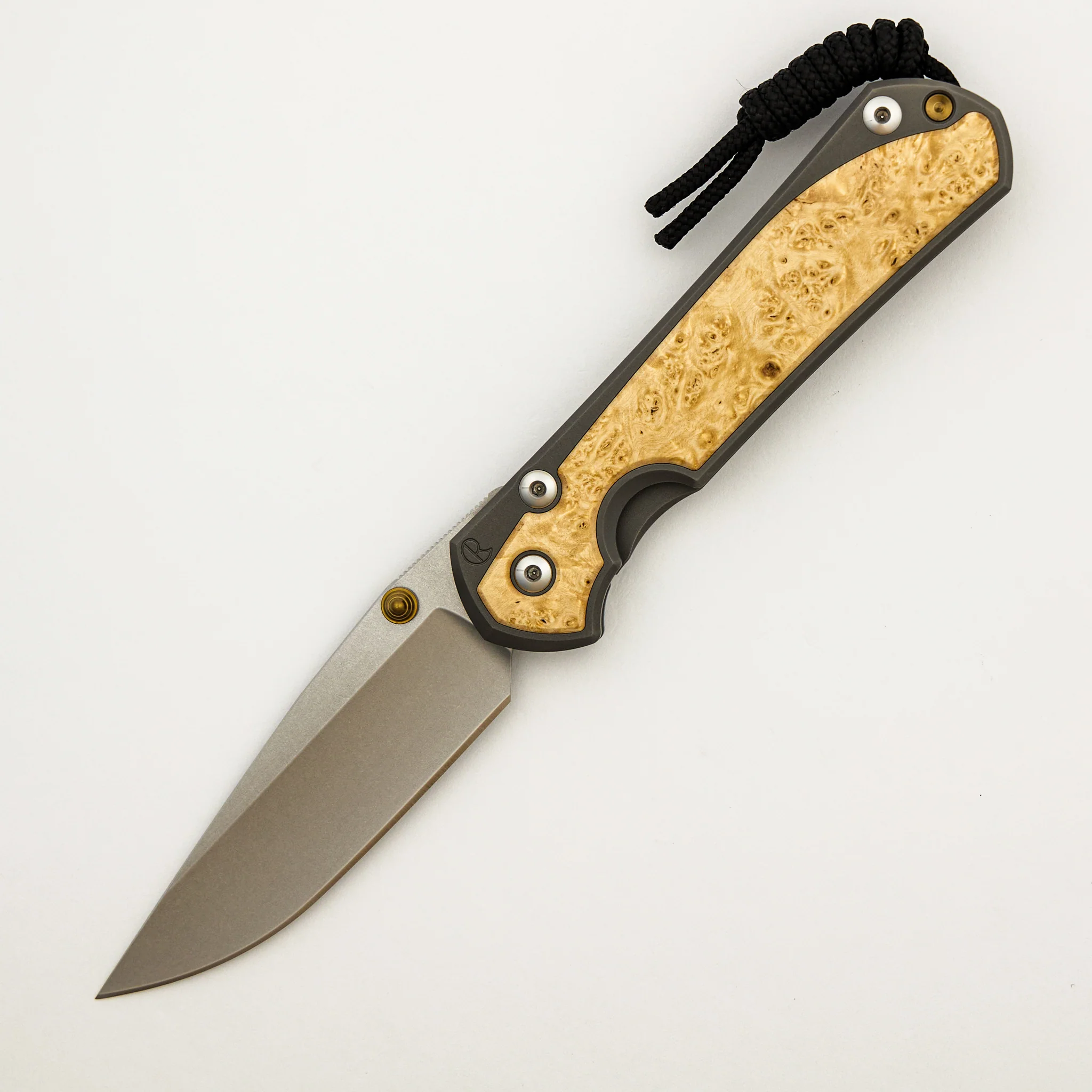 Large Sebenza 31 - Box Elder Inlay - Drop Point CPM MagnaCut Blade - MIM Clip - Gold Double Thumb Lugs - Image 15